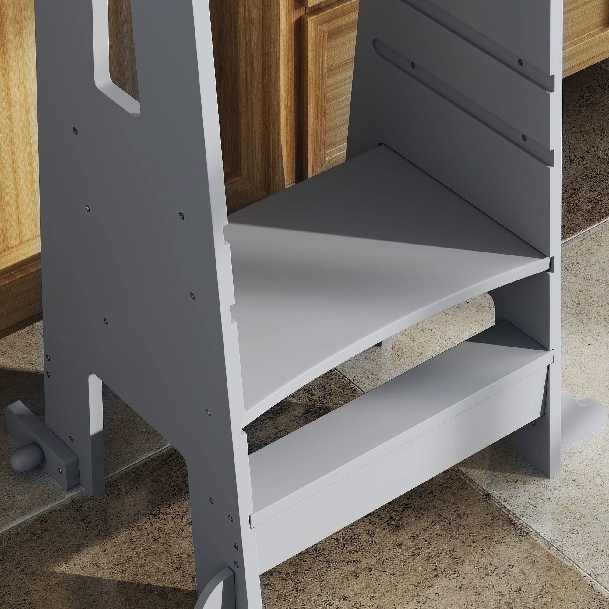 Wooden Learning Tower Kids Learning Stool for +3-Year-Olds with Pedal Adjustable Height in 3 Levels and Safety Rail for Bathroom Kitchen 45x47.5x91 cm Gray