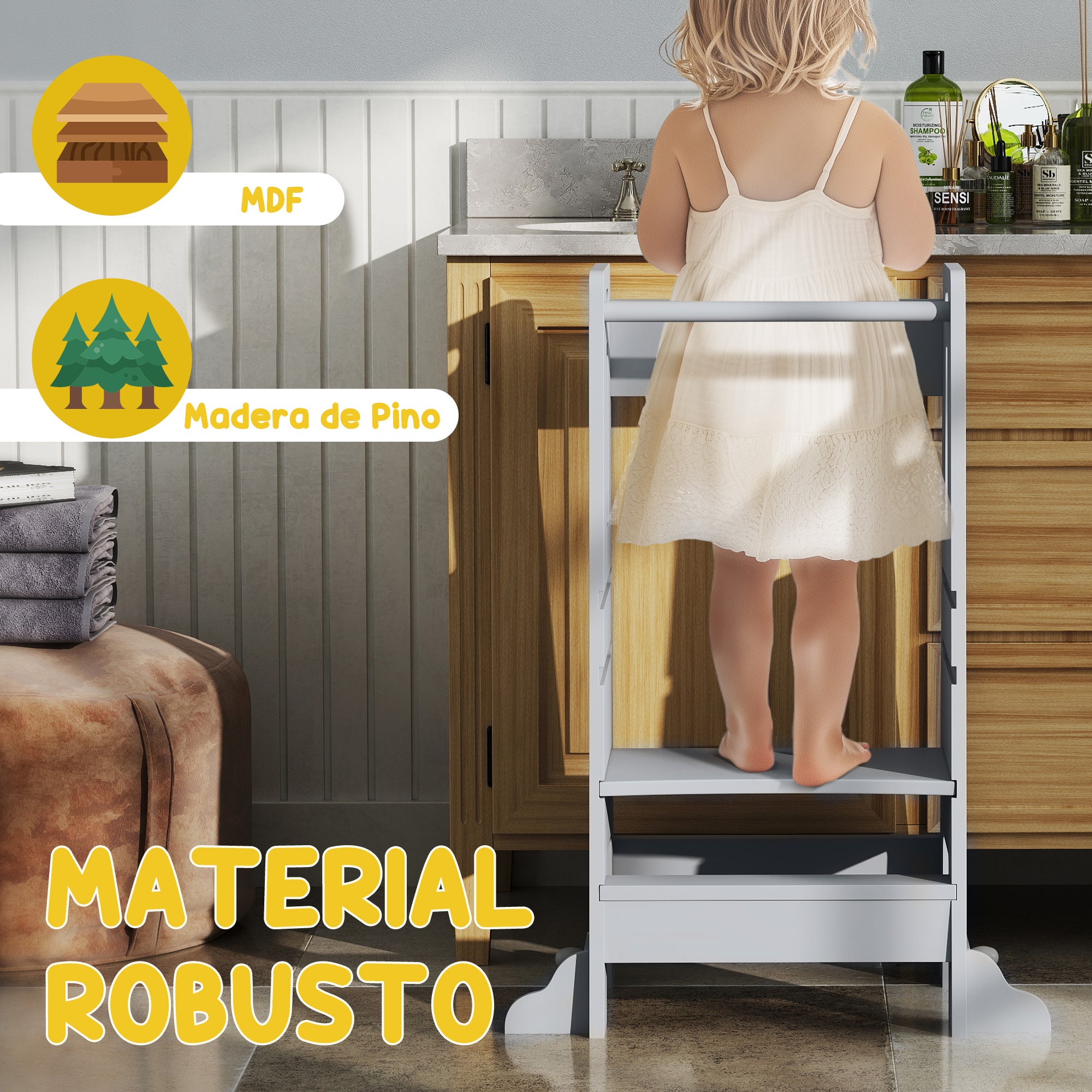 Wooden Learning Tower Kids Learning Stool for +3-Year-Olds with Pedal Adjustable Height in 3 Levels and Safety Rail for Bathroom Kitchen 45x47.5x91 cm Gray