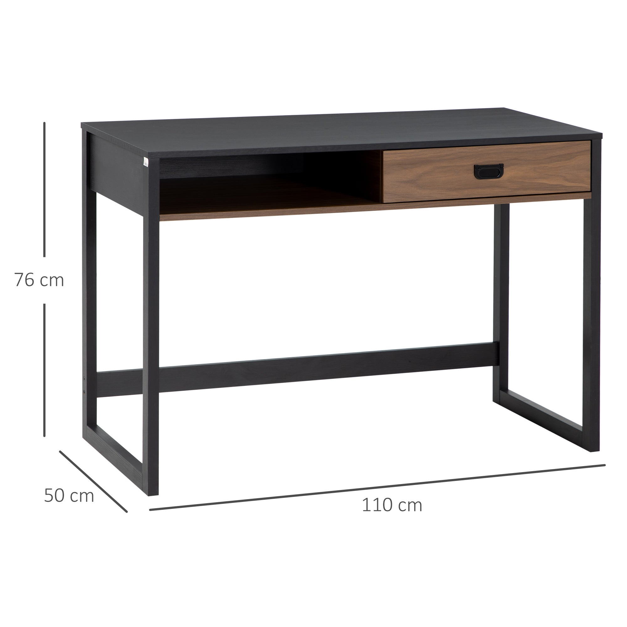 Industrial Design Computer Desk with Large Desk and Shelf Drawer in Particle Board 110 x 50 x 76 cm Walnut and Black Appearance