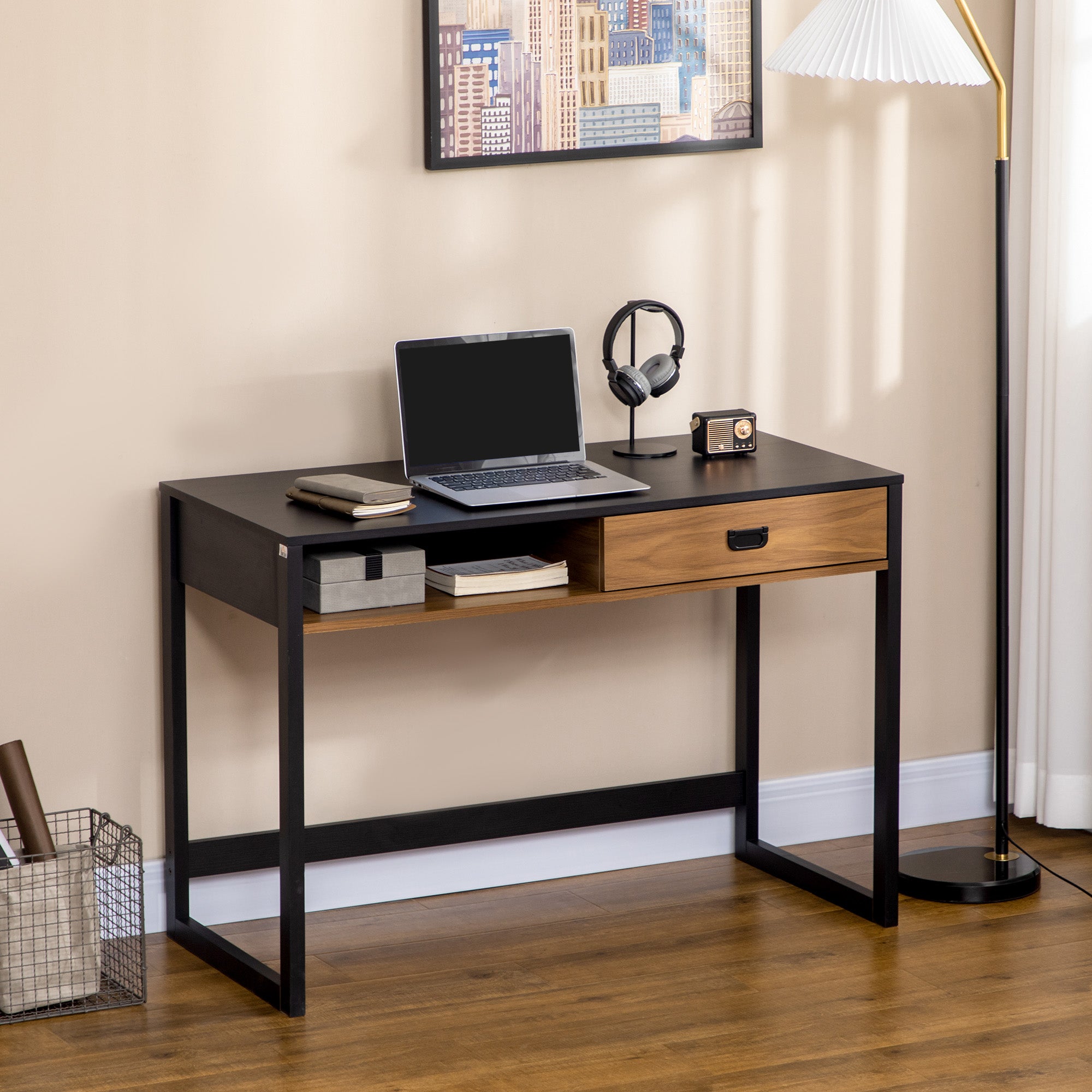 Industrial Design Computer Desk with Large Desk and Shelf Drawer in Particle Board 110 x 50 x 76 cm Walnut and Black Appearance