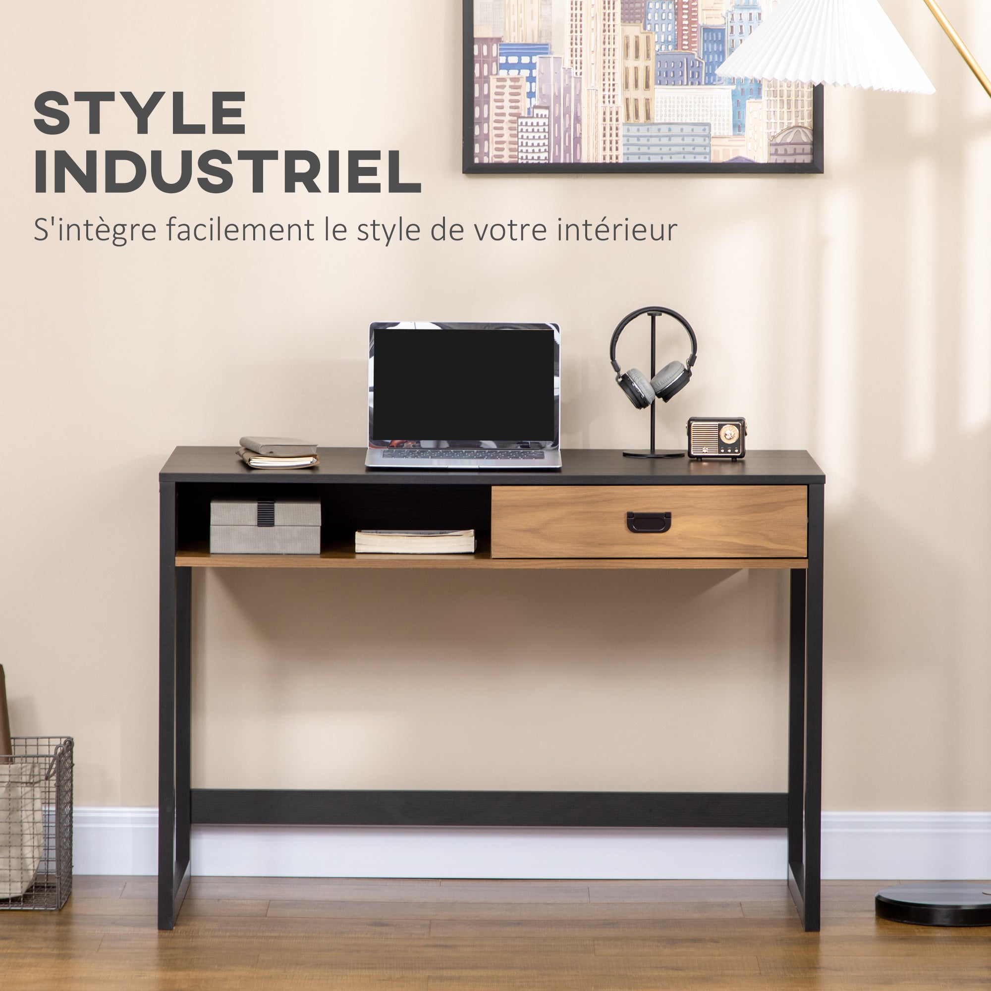Industrial Design Computer Desk with Large Desk and Shelf Drawer in Particle Board 110 x 50 x 76 cm Walnut and Black Appearance