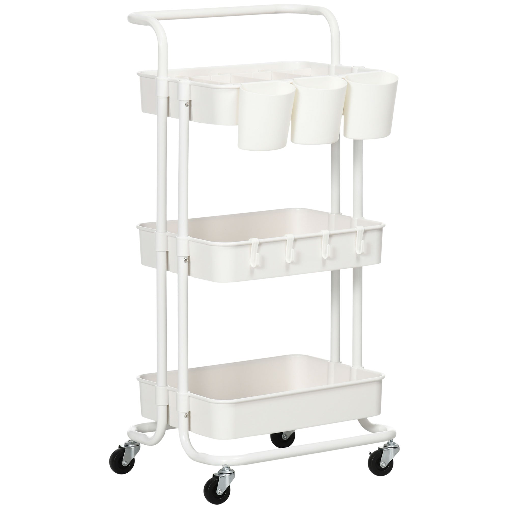 3-Tier Kitchen Cart with Handle, Rolling Kitchen Rack with Hooks and Storage Baskets, Multipurpose Cart for Kitchen Office Bathroom, White