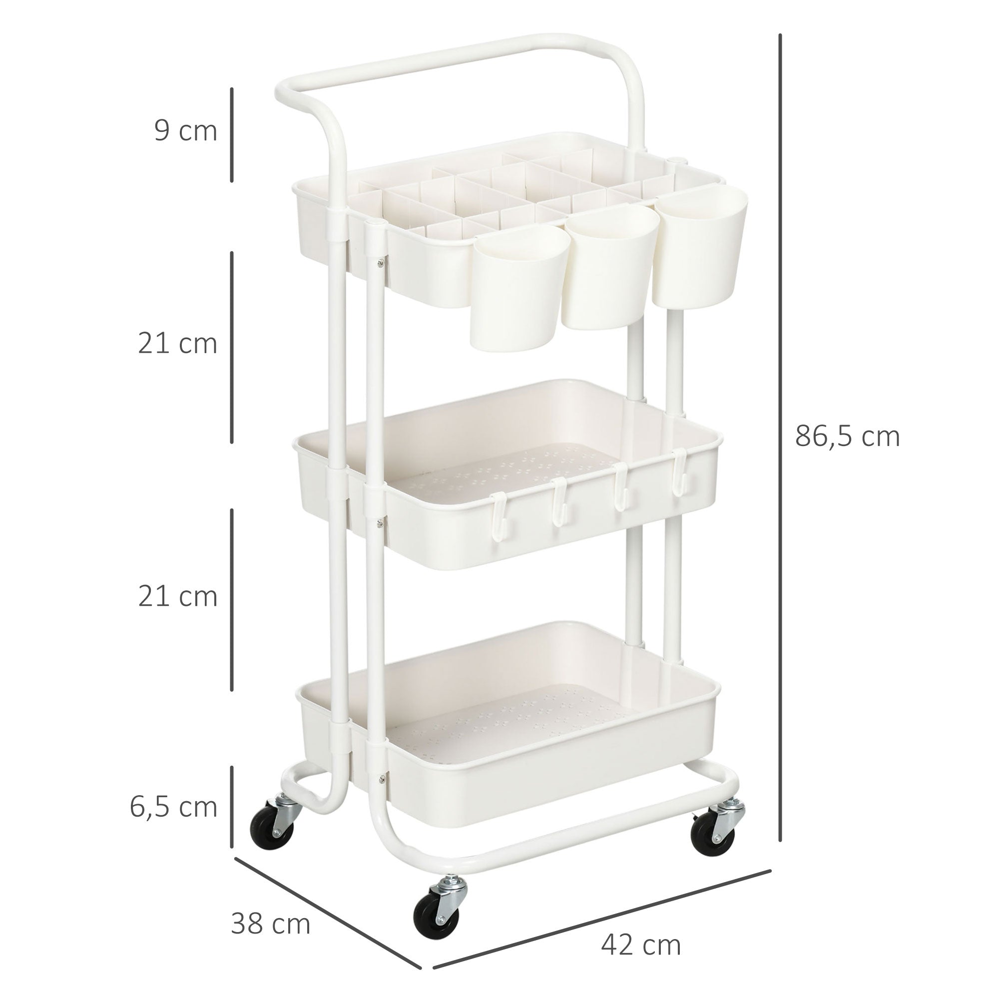 3-Tier Kitchen Cart with Handle, Rolling Kitchen Rack with Hooks and Storage Baskets, Multipurpose Cart for Kitchen Office Bathroom, White
