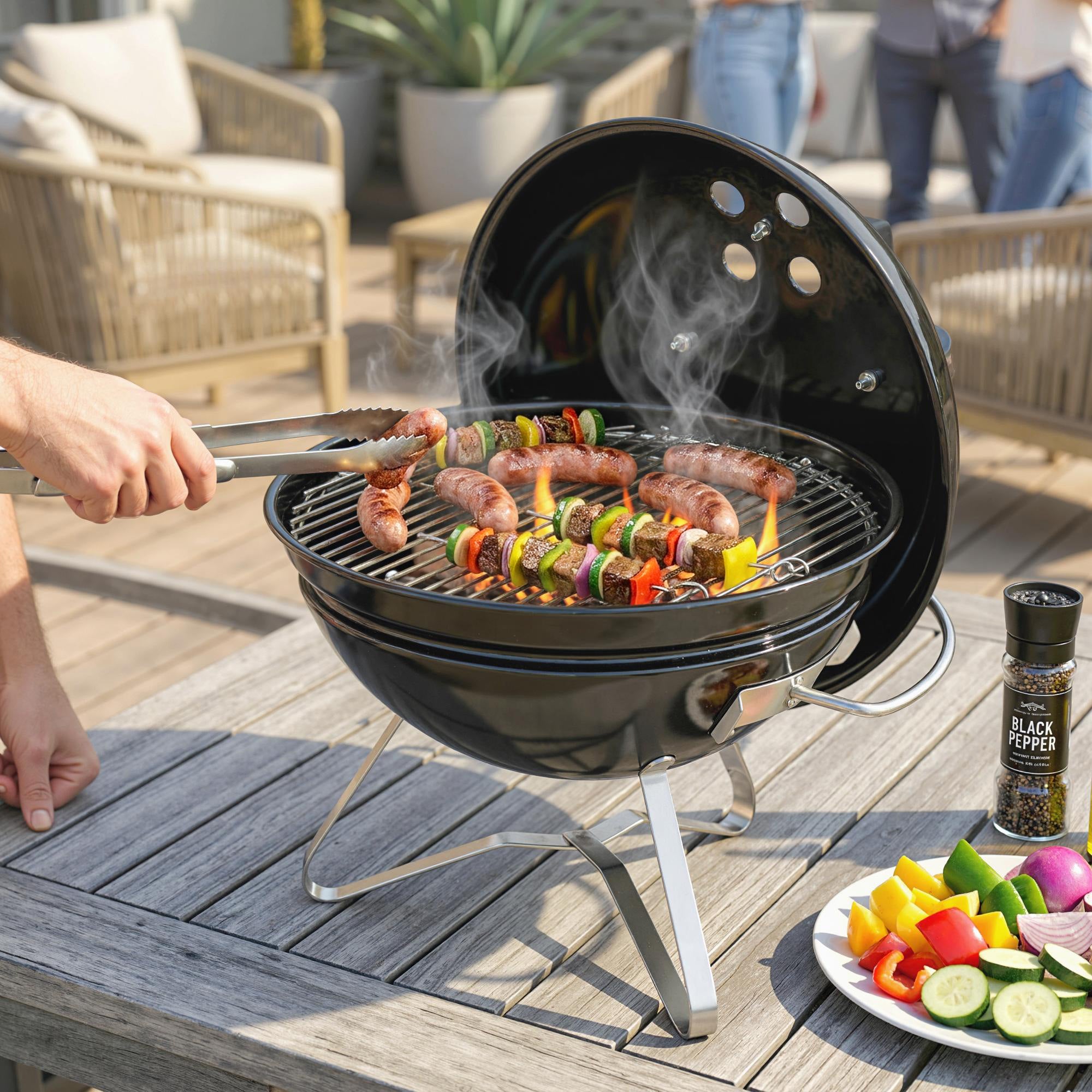 Portable Charcoal Grill, Round Charcoal Barbecue with Lid Stand, Cooking Grate, Adjustable Vents, for Balcony, Picnic, Camping, Ø41 x 44 cm, Black