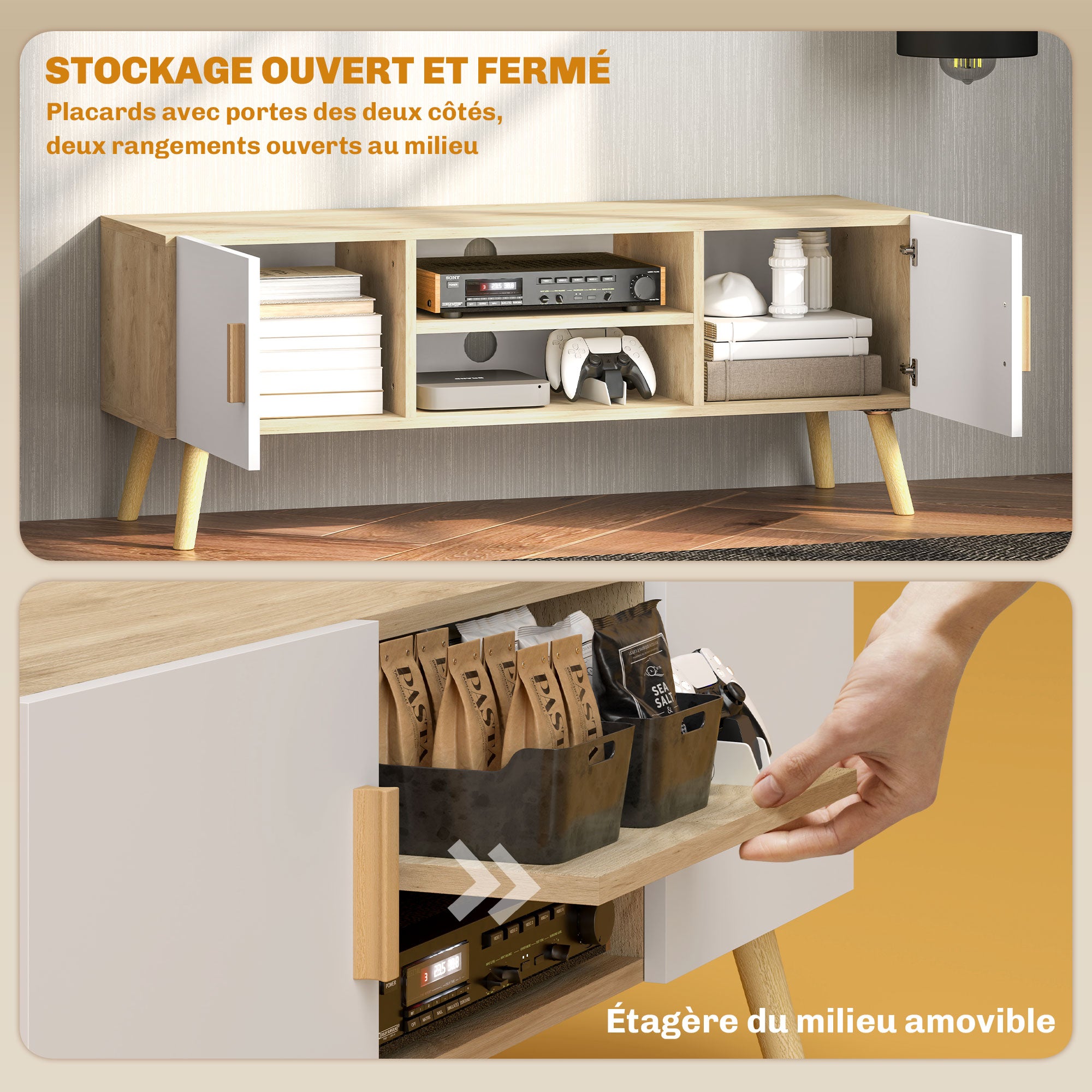 TV Stand Wooden TV Cabinet for up to 50 Inches TV with Shelves, 2 Cabinets, and Cable Management for Living Room, Bedroom, 110 x 36.2 x 42 cm, Oak