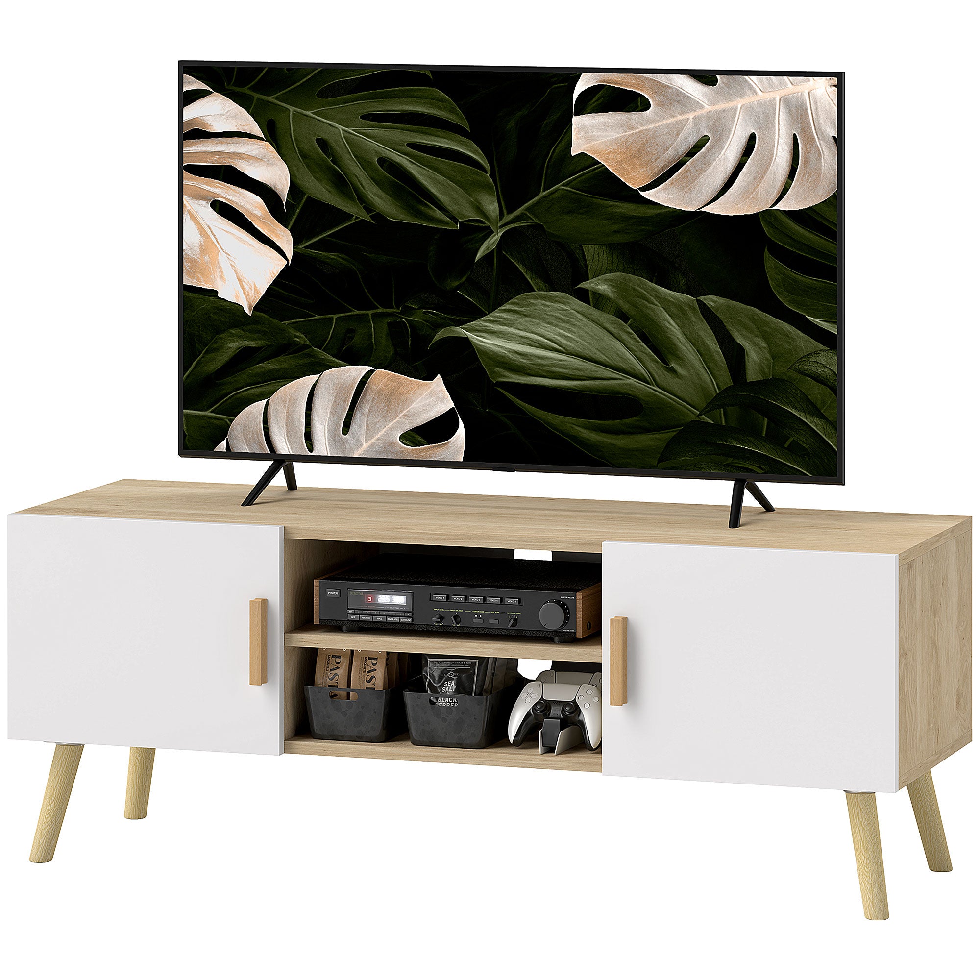 TV Stand Wooden TV Cabinet for up to 50 Inches TV with Shelves, 2 Cabinets, and Cable Management for Living Room, Bedroom, 110 x 36.2 x 42 cm, Oak