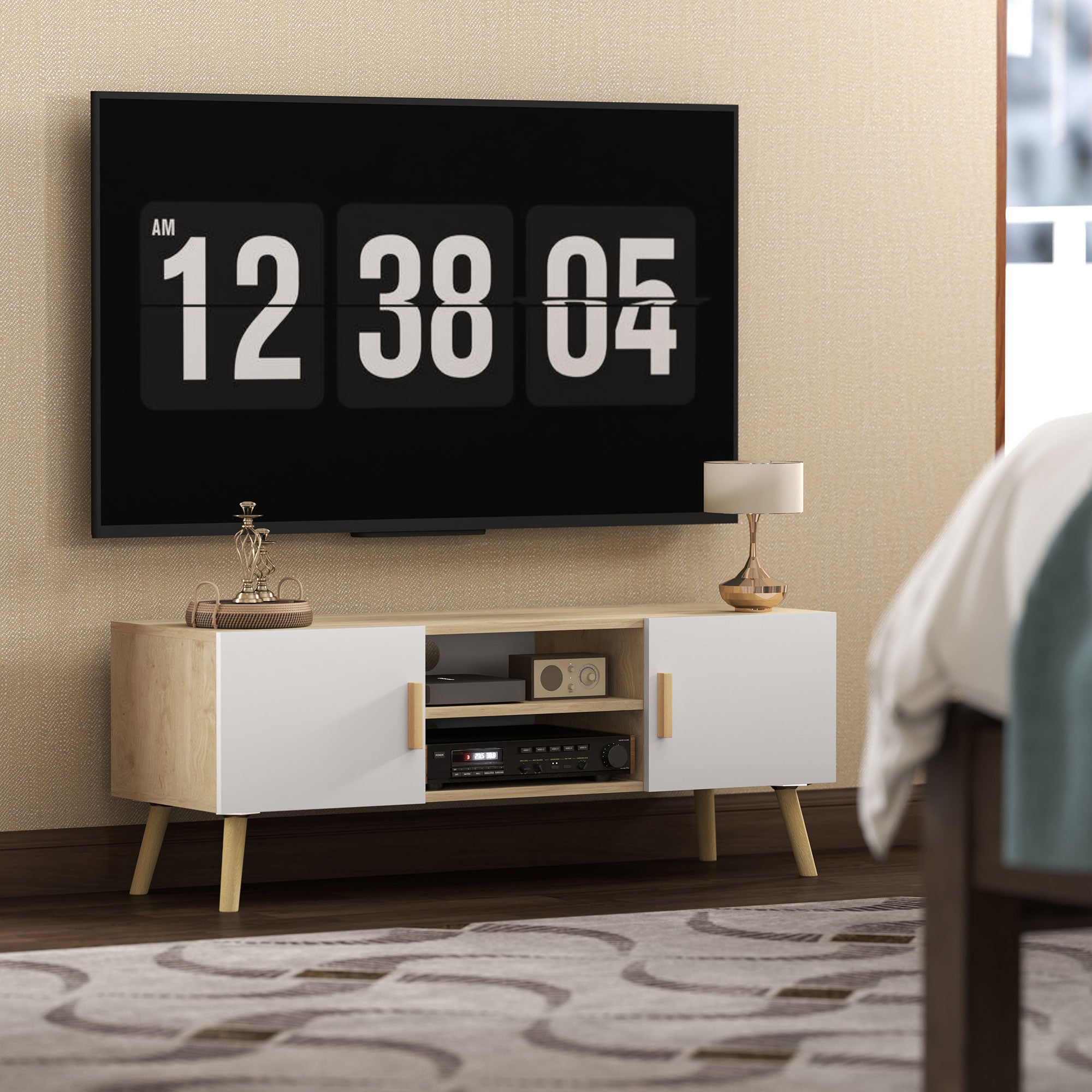 TV Stand Wooden TV Cabinet for up to 50 Inches TV with Shelves, 2 Cabinets, and Cable Management for Living Room, Bedroom, 110 x 36.2 x 42 cm, Oak