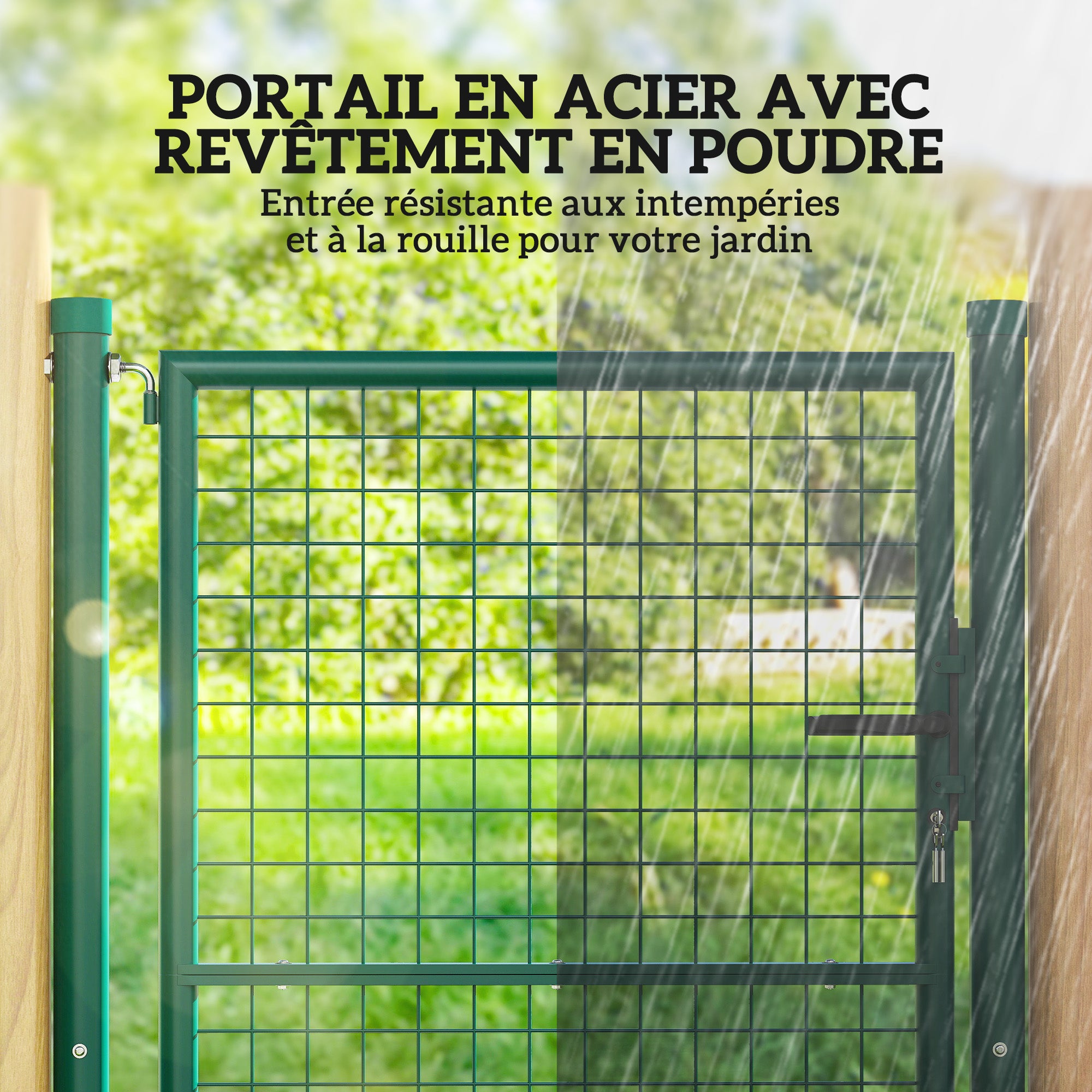 Steel Garden Gate 97 x 175 cm with lock, keys, and handle, arrow decoration, outdoor patio gate, green