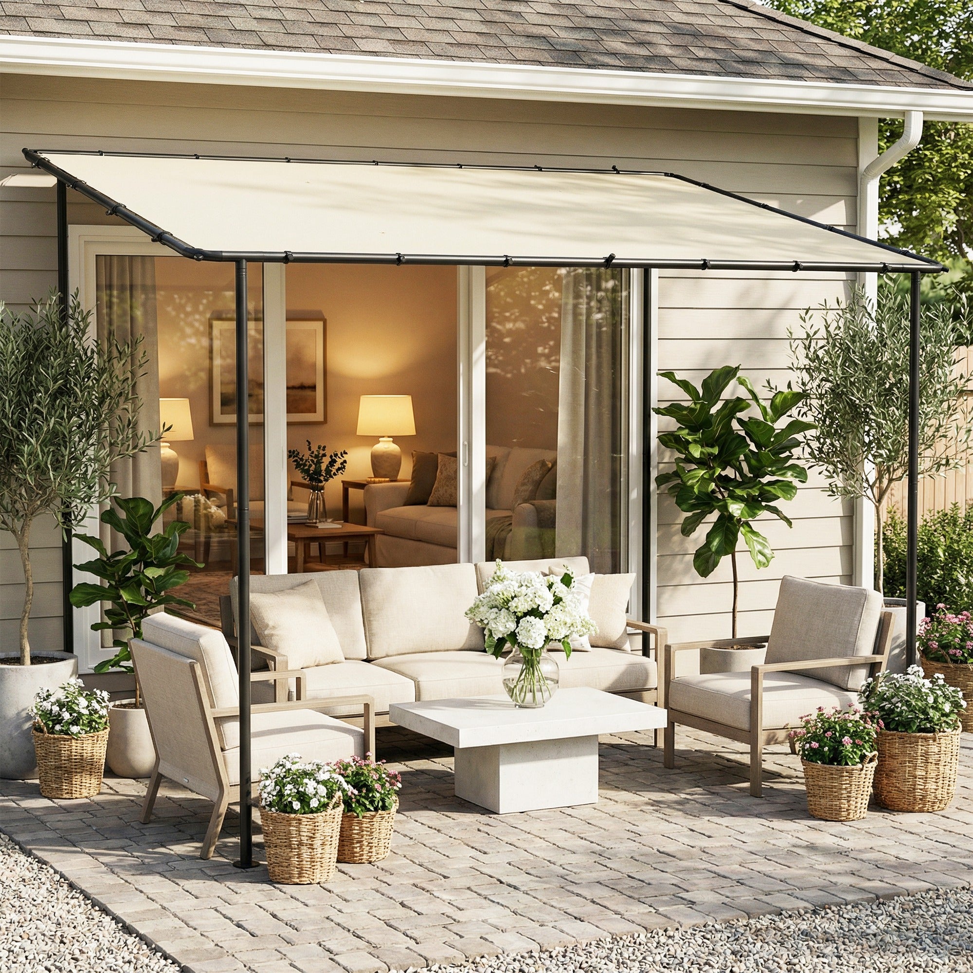 3 x 2 m Wall-Mounted Garden Pergola — Metal Frame, Water-Resistant Canopy, Cream