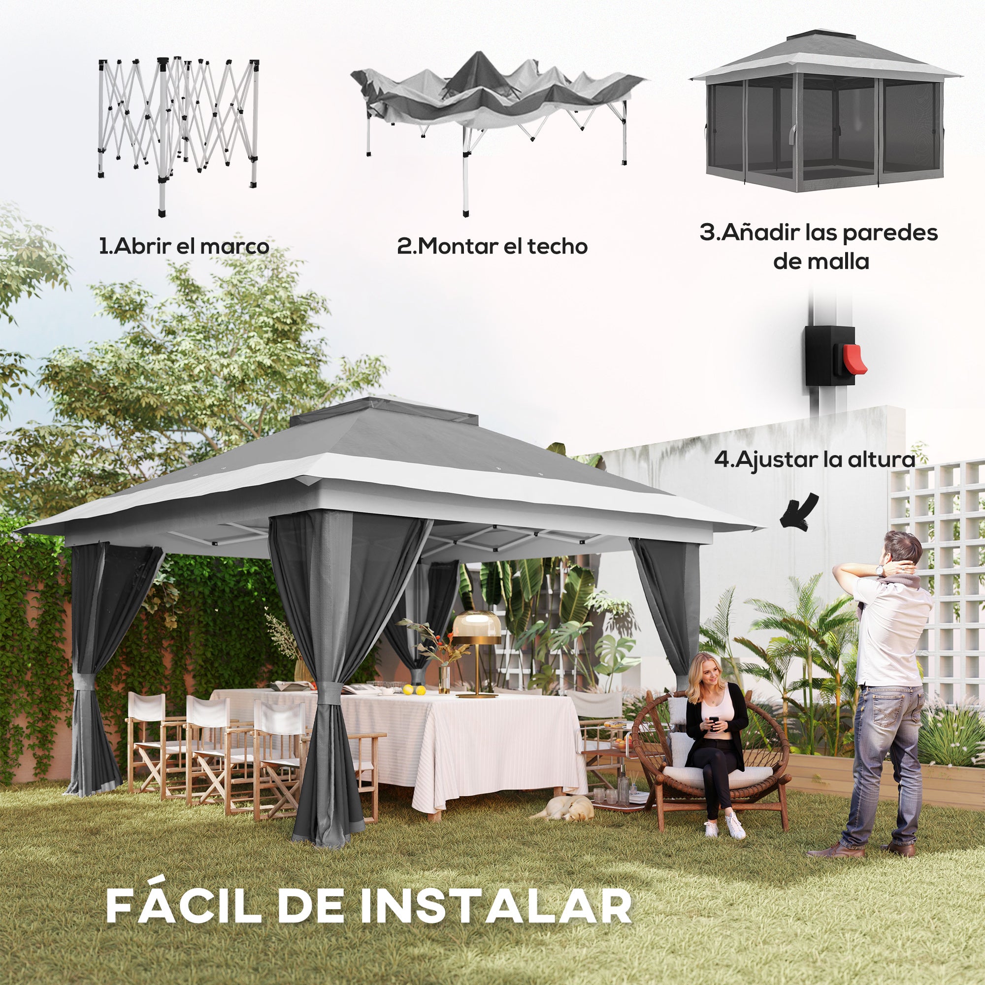 Folding Gazebo 3.6x3.6 m Pop-Up Canopy with 4 Anti-UV Mesh Side Walls Adjustable Height Sandbag and Carrying Bag for Camping Parties Dark Grey
