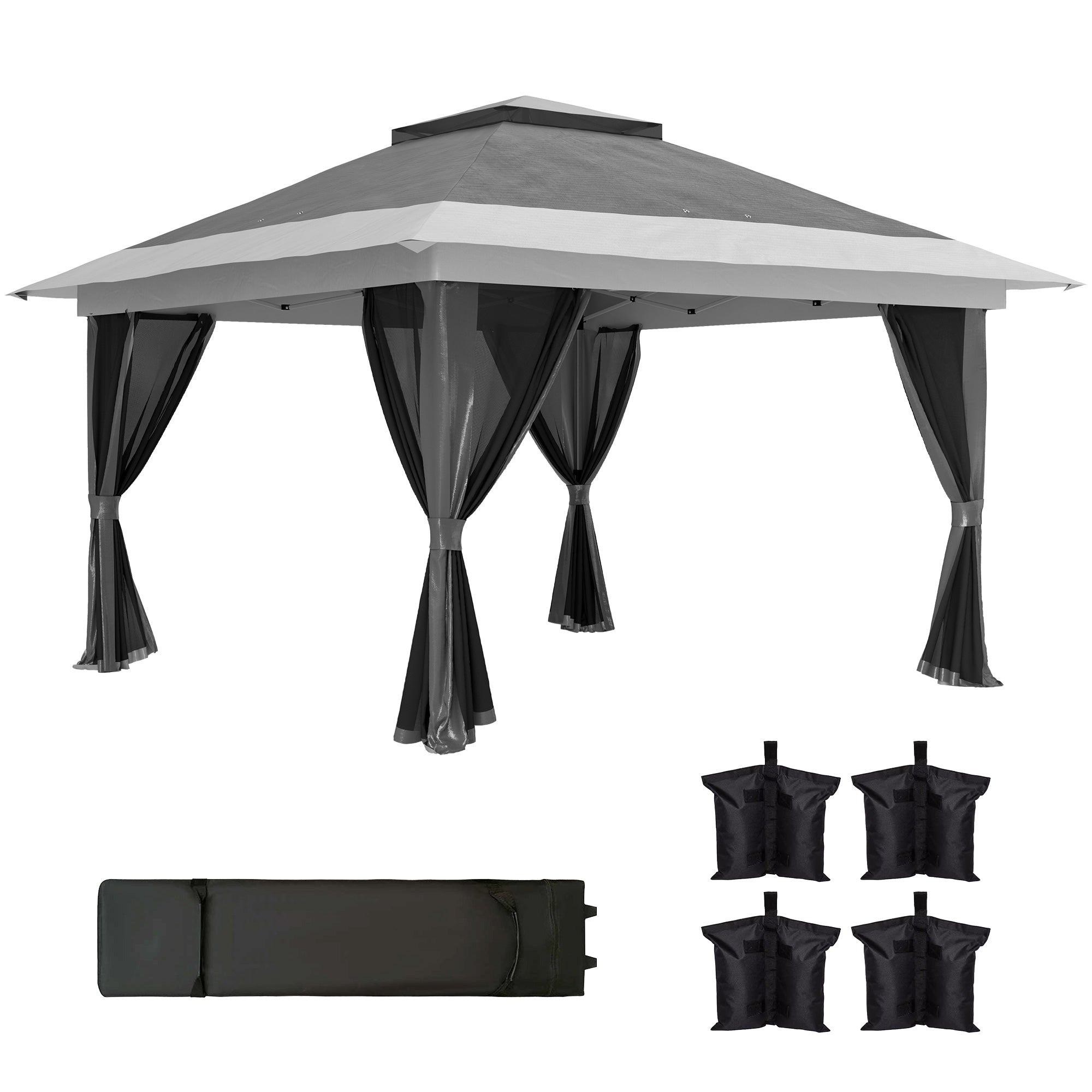 Folding Gazebo 3.6x3.6 m Pop-Up Canopy with 4 Anti-UV Mesh Side Walls Adjustable Height Sandbag and Carrying Bag for Camping Parties Dark Grey