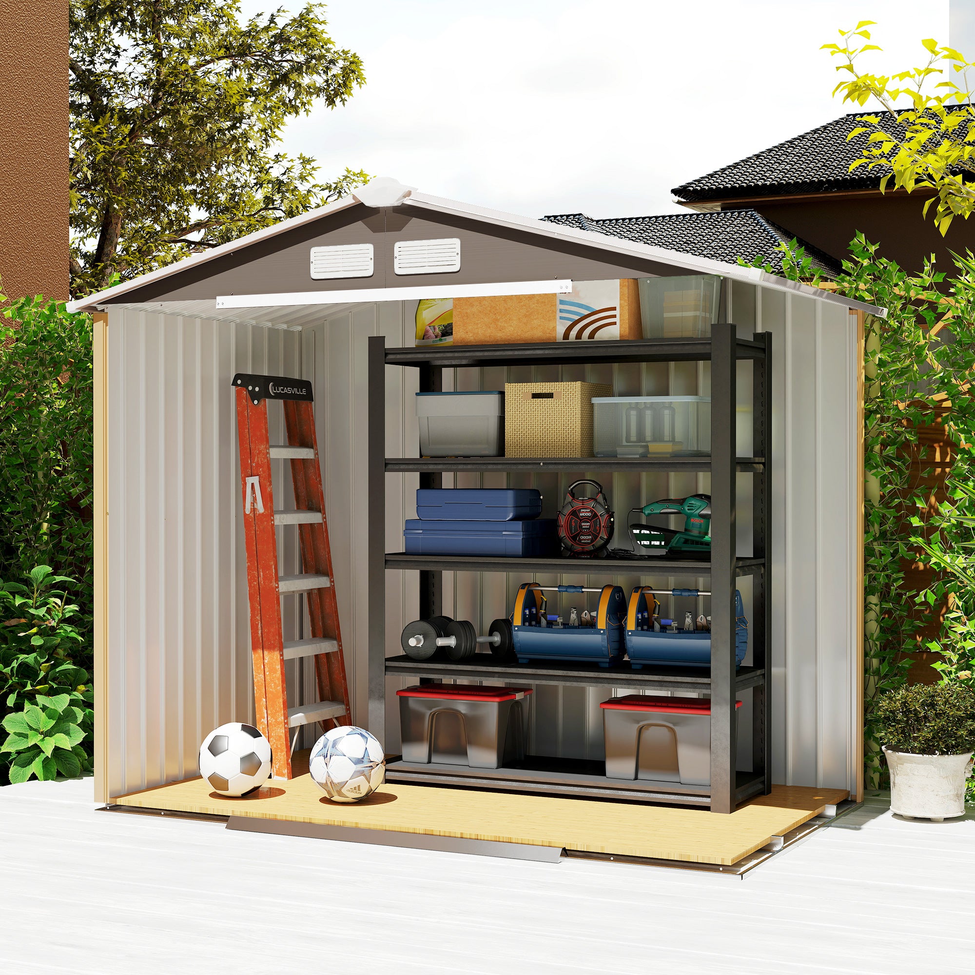 Garden Shed 2.42 m², Garden House with Gable Roof, Sliding Door, Foundation, 213 x 130 x 185 cm, Outdoor Storage Shed Made of Galvanized Steel, Weatherproof, for Garden, Grey