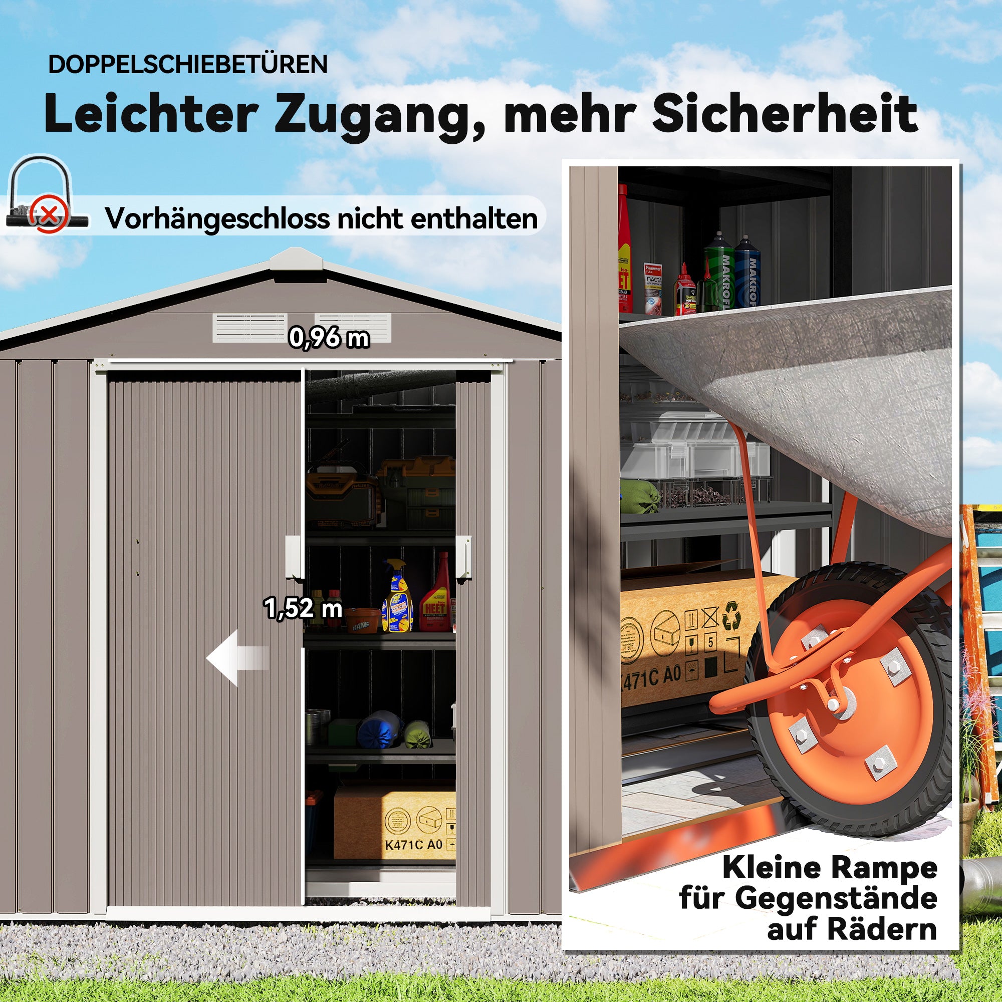 Garden Shed 2.42 m², Garden House with Gable Roof, Sliding Door, Foundation, 213 x 130 x 185 cm, Outdoor Storage Shed Made of Galvanized Steel, Weatherproof, for Garden, Grey