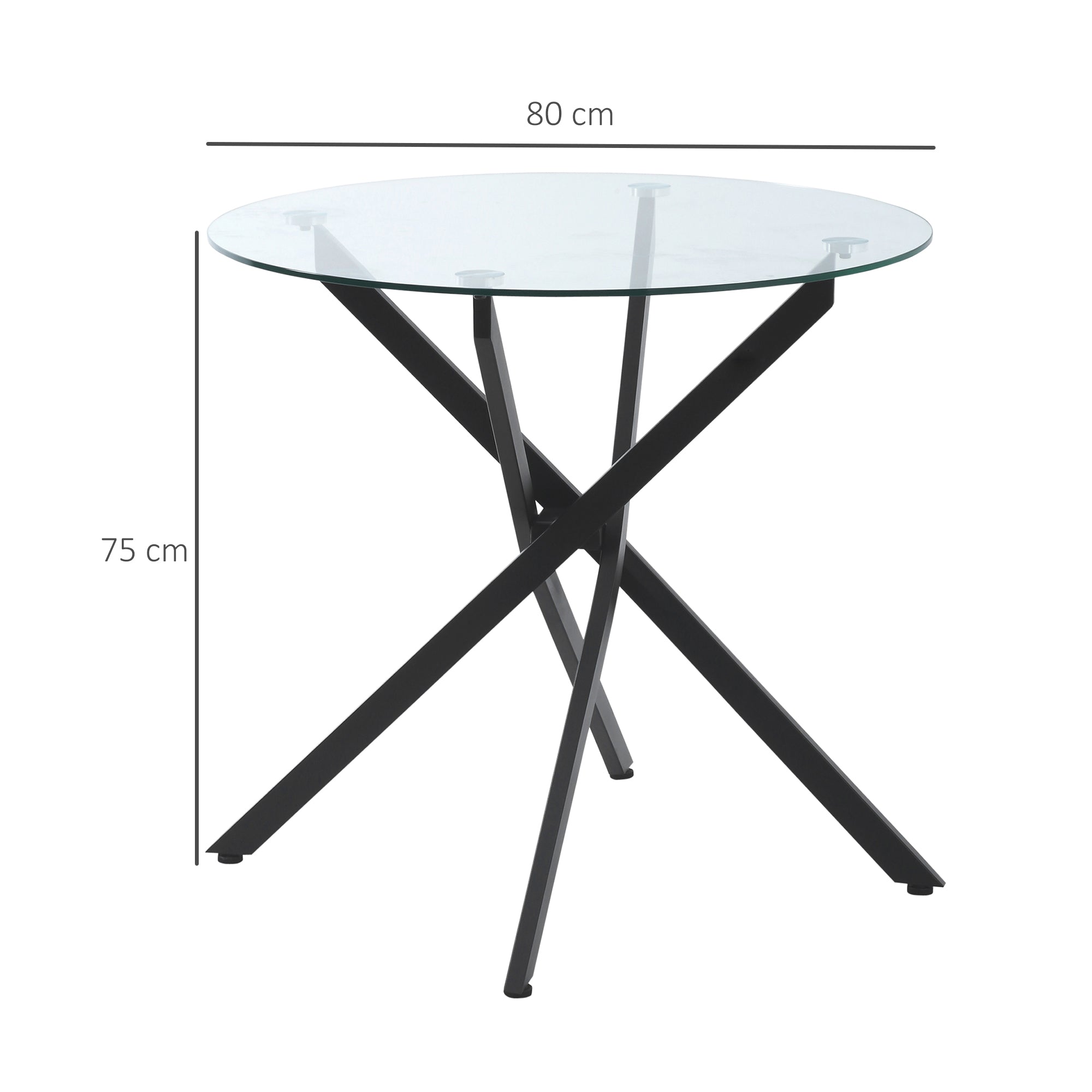 Dining Table, Round Kitchen Table for 4 People, Round Dining Table with Crossed Legs, Tempered Glass Tabletop, for Dining Room, Kitchen, Ø80 x 75 cm, Modern Design, Black+Transparent
