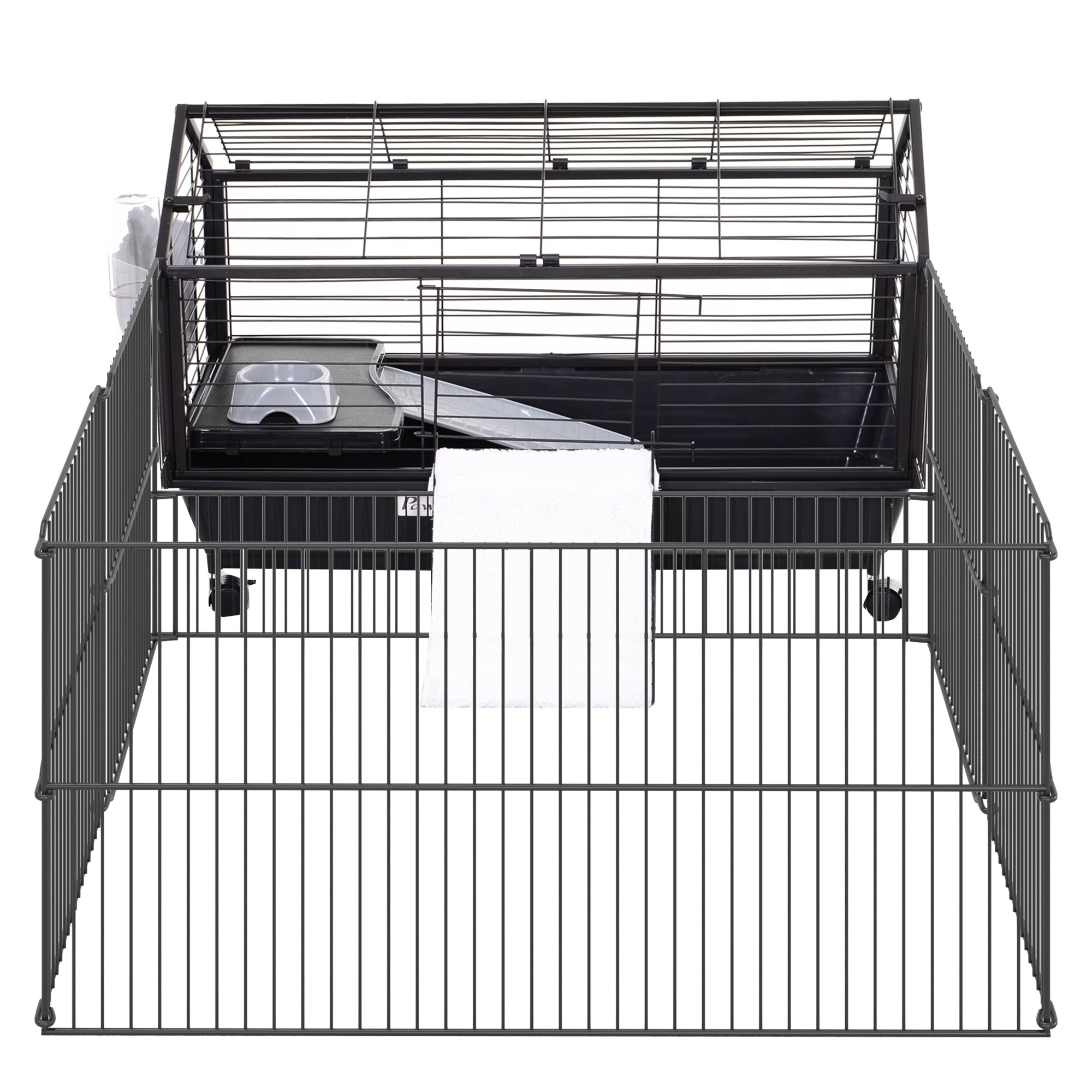 Small Animal Cage Small Animal Hutch with Foldable Playpen Area, Rodent Cage with Water Bottle, Water Bowl, and Ramps, for Small Animals Metal Black 88 x 128.5 x 56 cm
