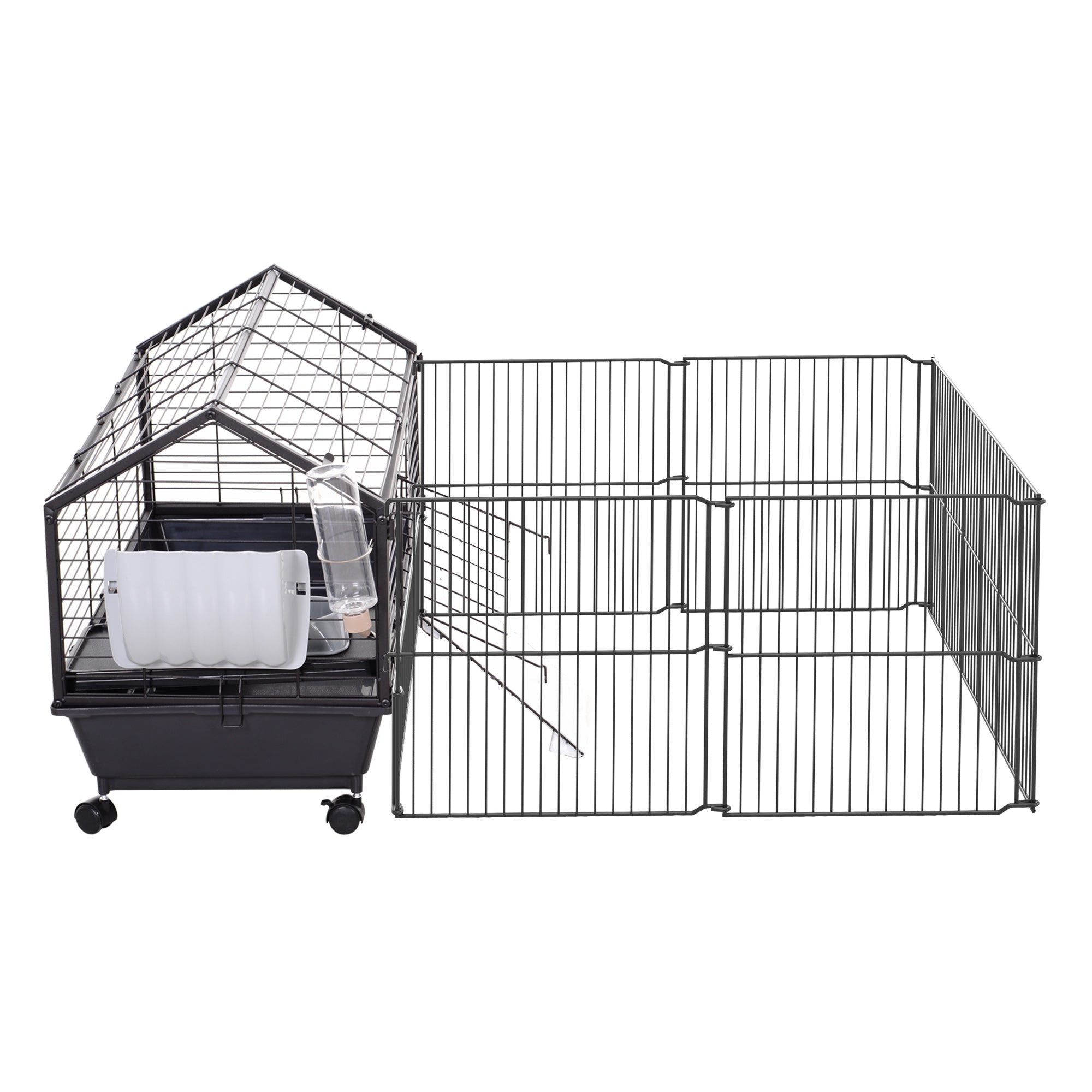 Small Animal Cage Small Animal Hutch with Foldable Playpen Area, Rodent Cage with Water Bottle, Water Bowl, and Ramps, for Small Animals Metal Black 88 x 128.5 x 56 cm