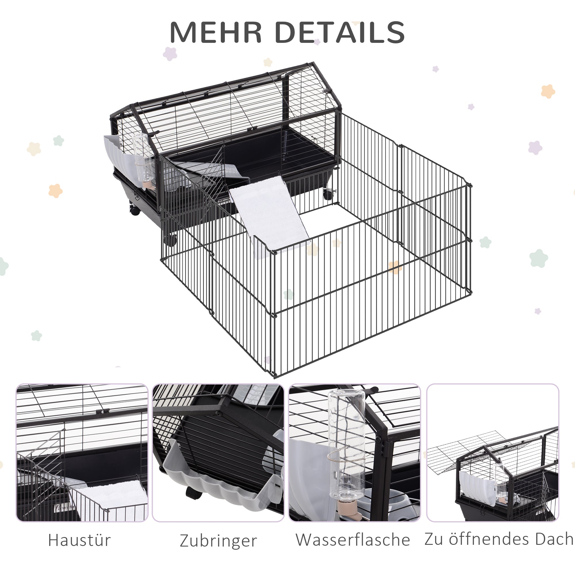Small Animal Cage Small Animal Hutch with Foldable Playpen Area, Rodent Cage with Water Bottle, Water Bowl, and Ramps, for Small Animals Metal Black 88 x 128.5 x 56 cm