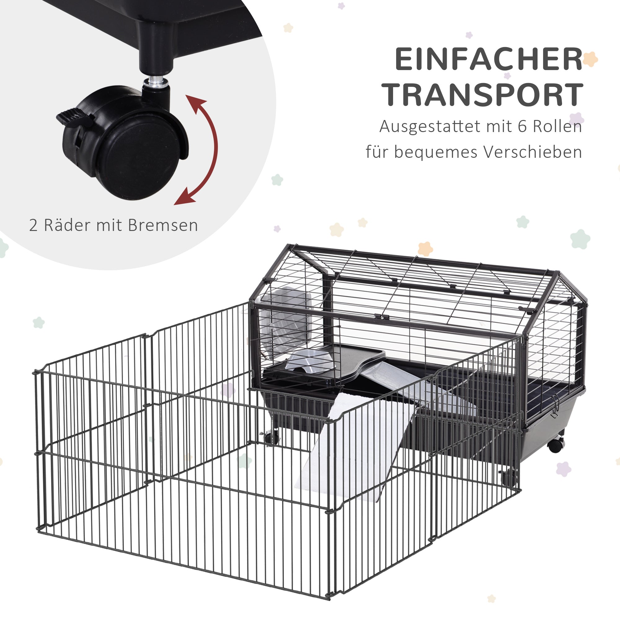 Small Animal Cage Small Animal Hutch with Foldable Playpen Area, Rodent Cage with Water Bottle, Water Bowl, and Ramps, for Small Animals Metal Black 88 x 128.5 x 56 cm