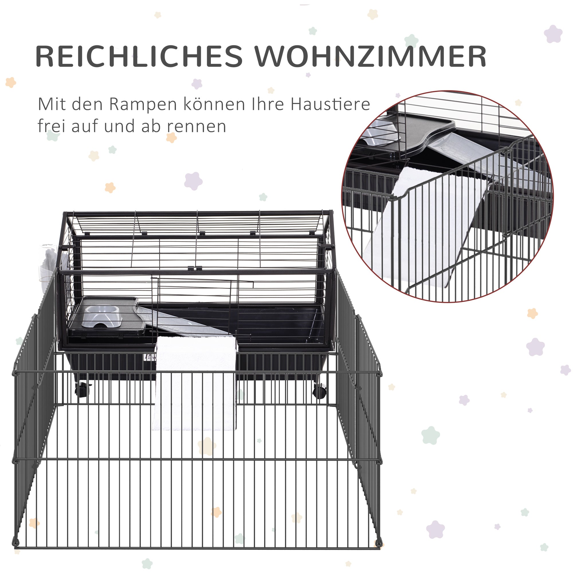 Small Animal Cage Small Animal Hutch with Foldable Playpen Area, Rodent Cage with Water Bottle, Water Bowl, and Ramps, for Small Animals Metal Black 88 x 128.5 x 56 cm