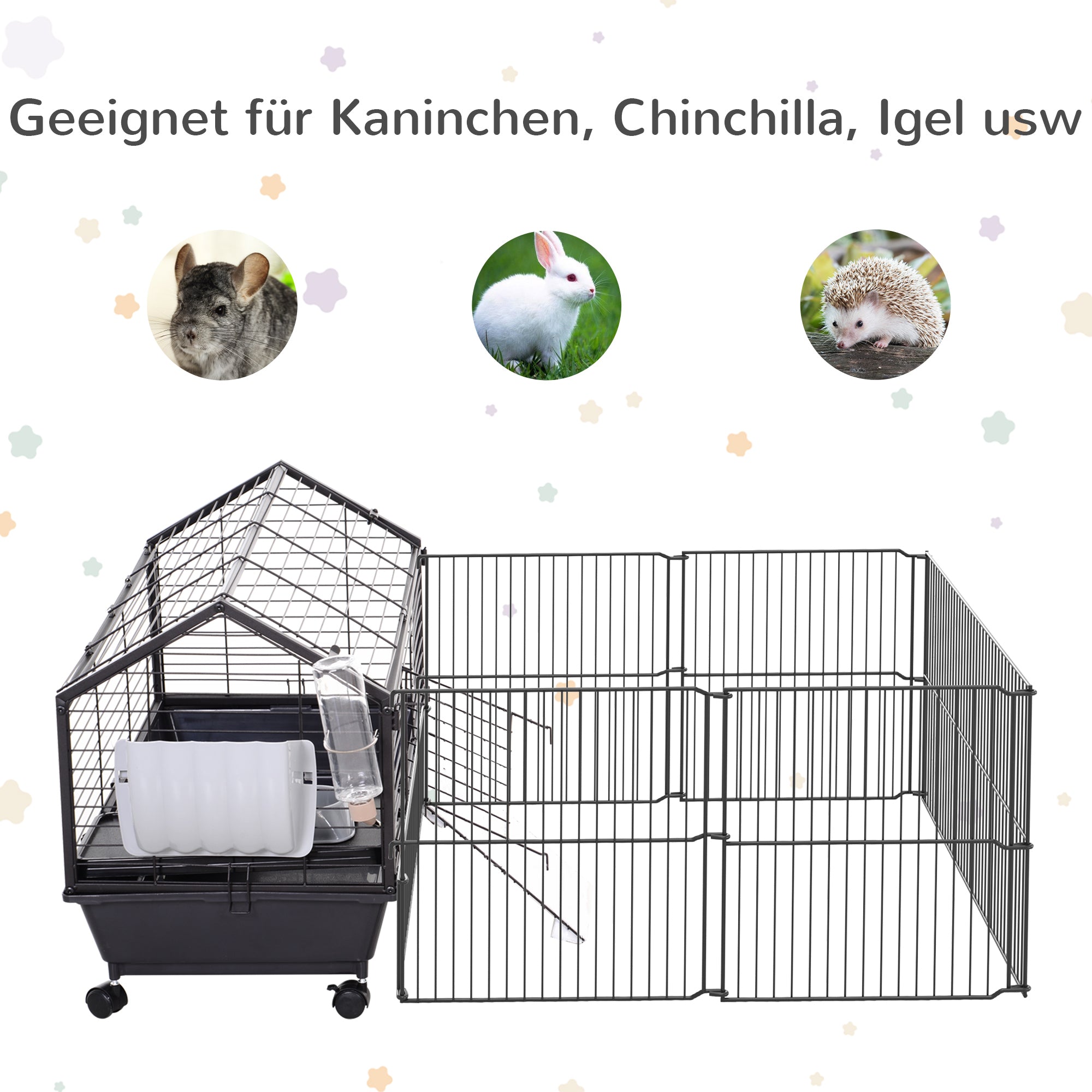 Small Animal Cage Small Animal Hutch with Foldable Playpen Area, Rodent Cage with Water Bottle, Water Bowl, and Ramps, for Small Animals Metal Black 88 x 128.5 x 56 cm