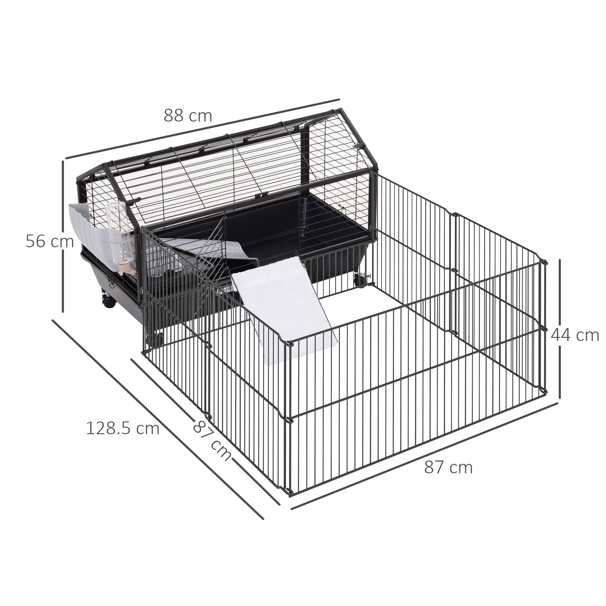 Small Animal Cage Small Animal Hutch with Foldable Playpen Area, Rodent Cage with Water Bottle, Water Bowl, and Ramps, for Small Animals Metal Black 88 x 128.5 x 56 cm