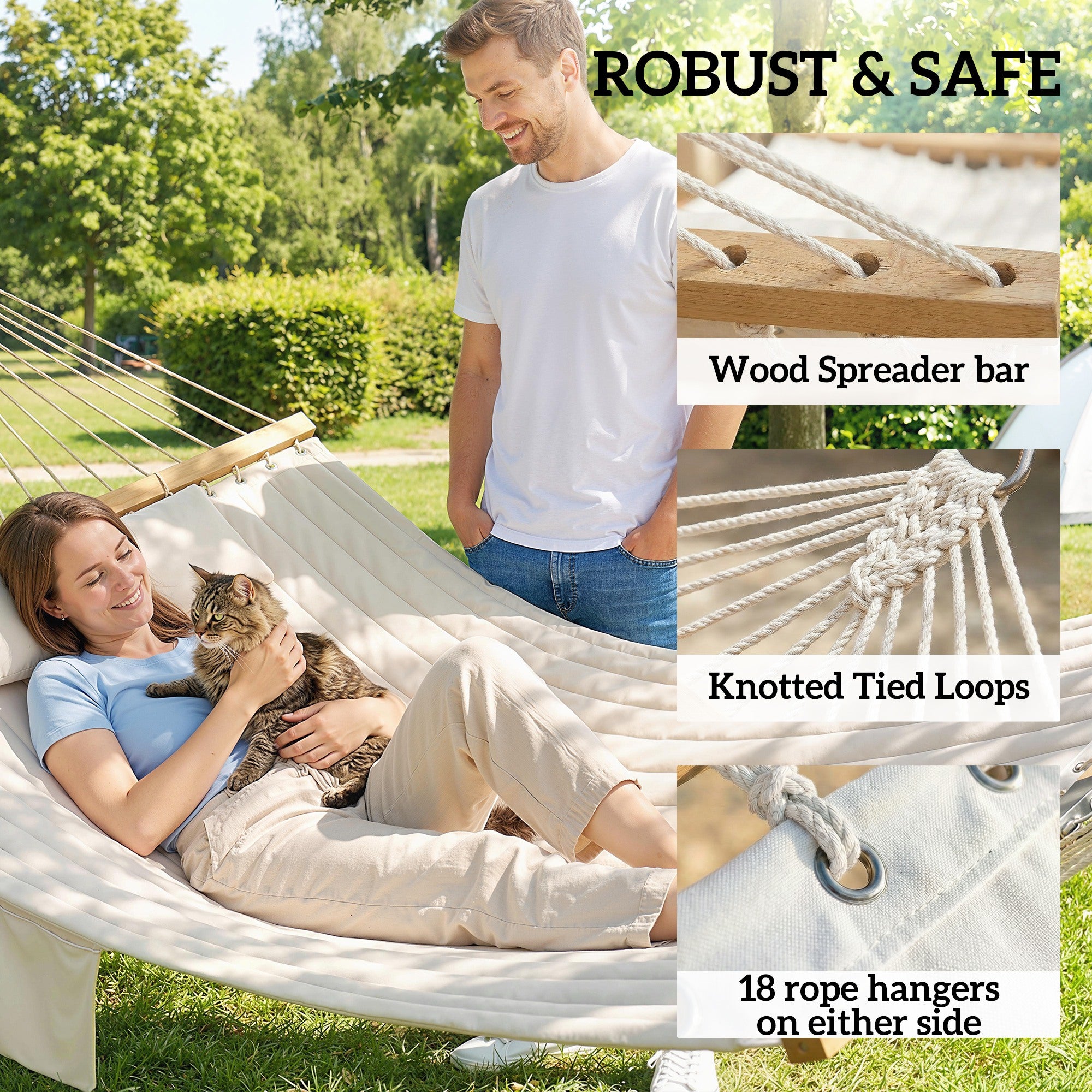 Outdoor Hammock 200 x 140 cm (79" x 55") – Quilted Two-Layer Double Hammock with Headrest, Magazine Pocket & Beech Wood Spreaders, Cream White