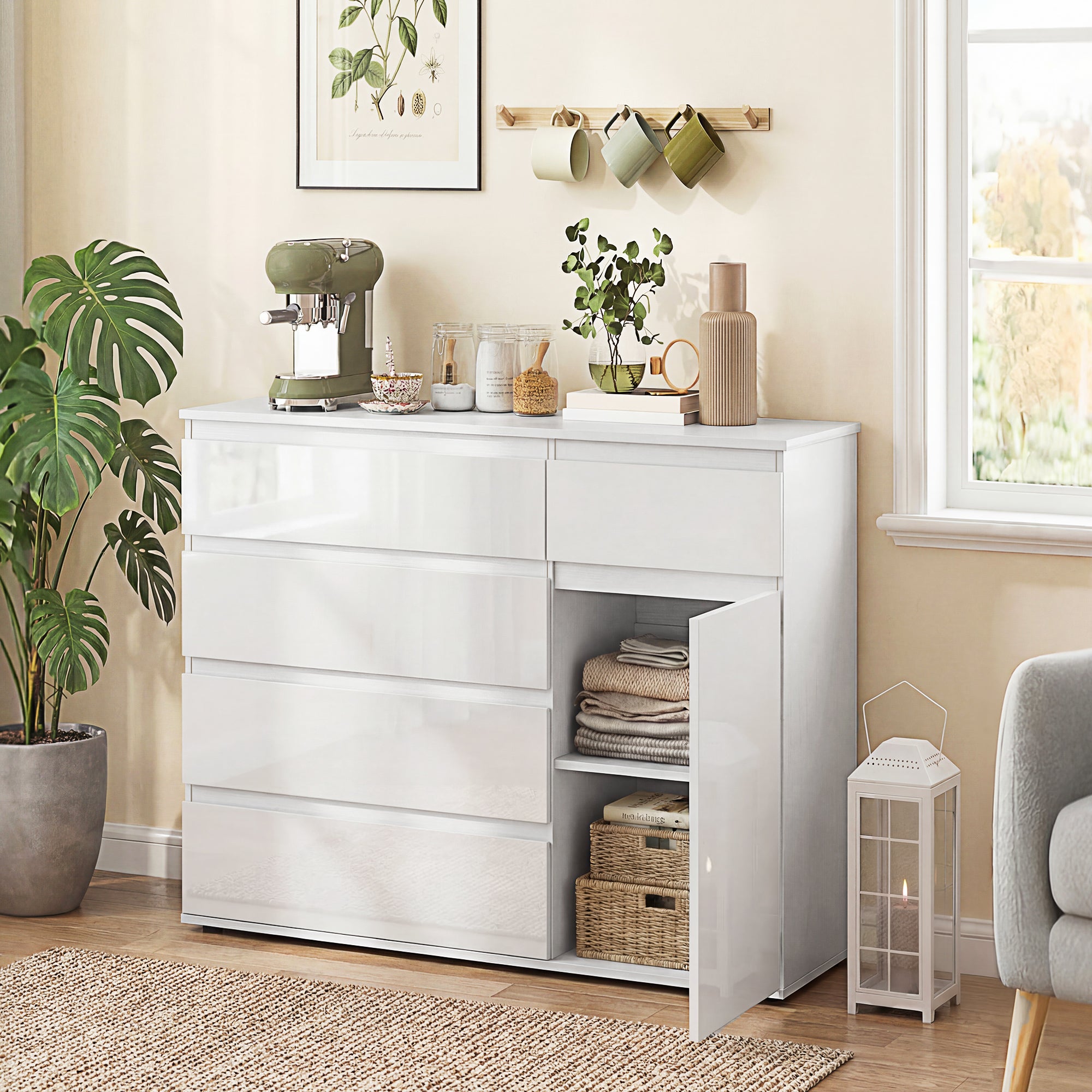 Sideboard with 5 Drawers, Adjustable Shelves, Soft-Close Door, High-Gloss White — 39.4 x 15.7 x 31.5 in