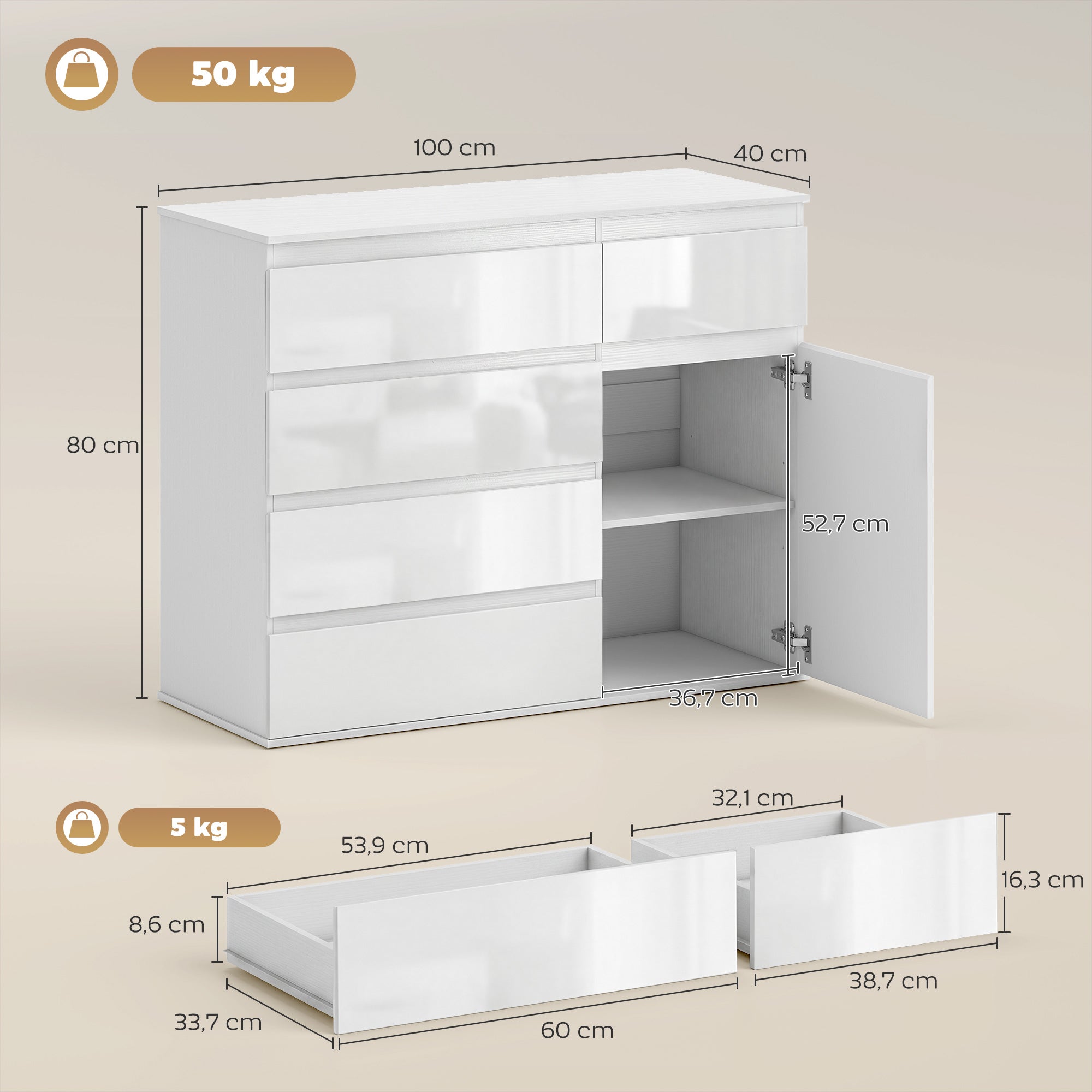 Sideboard with 5 Drawers, Adjustable Shelves, Soft-Close Door, High-Gloss White — 39.4 x 15.7 x 31.5 in