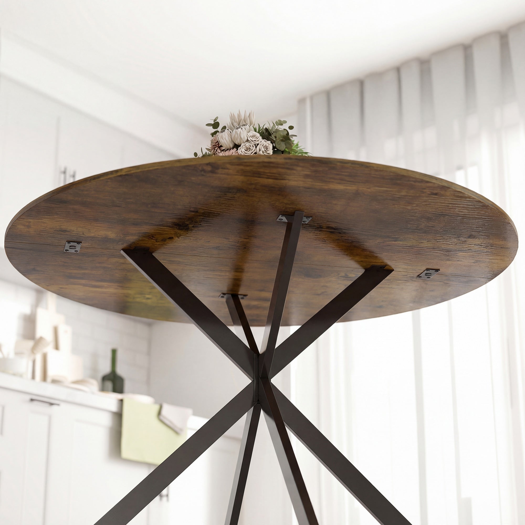 Round Dining Table for 4, Ø100 cm Industrial Kitchen Table with Steel X-Legs, Rustic Brown