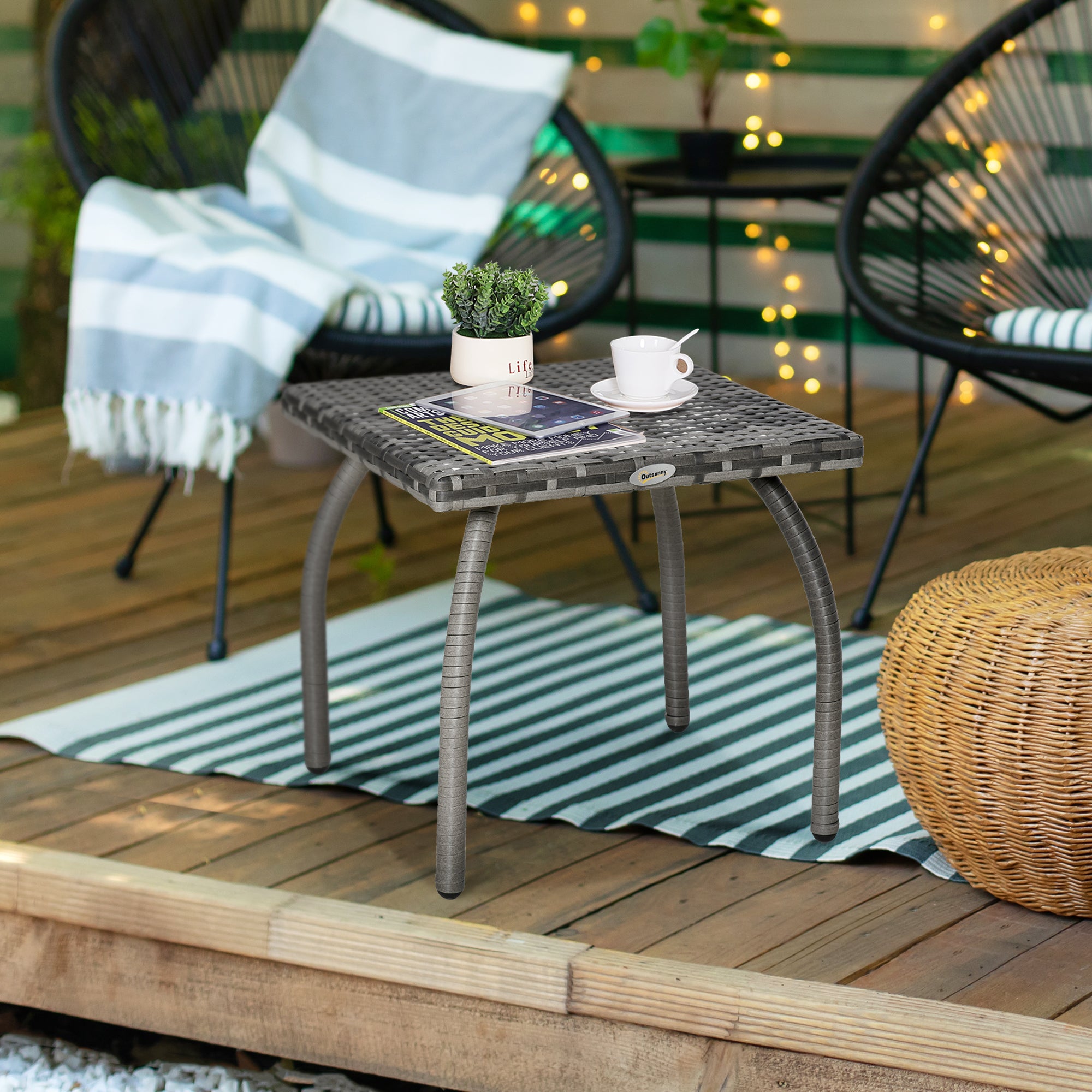 Rattan Garden Table Side Table with Metal Legs 30 kg Weight Capacity Outdoor Table for Patio Terrace Balcony 45x45x44 cm Gray