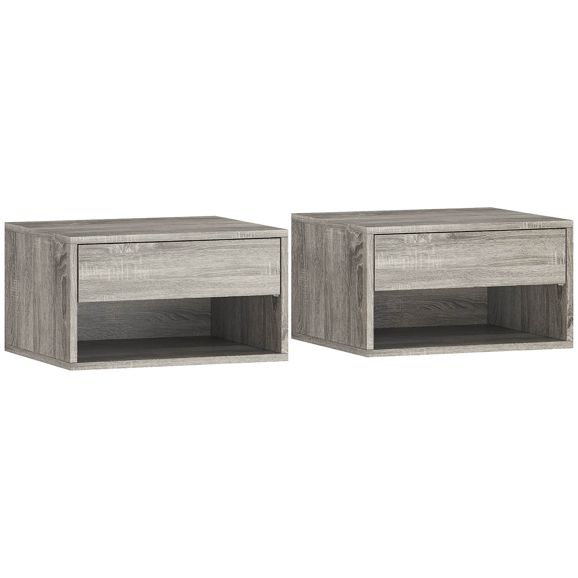 Set of 2 Floating Wall Nightstands with Sliding Drawer & Open Shelf, Modern Gray — 14.6 x 12.6 x 8.3 in