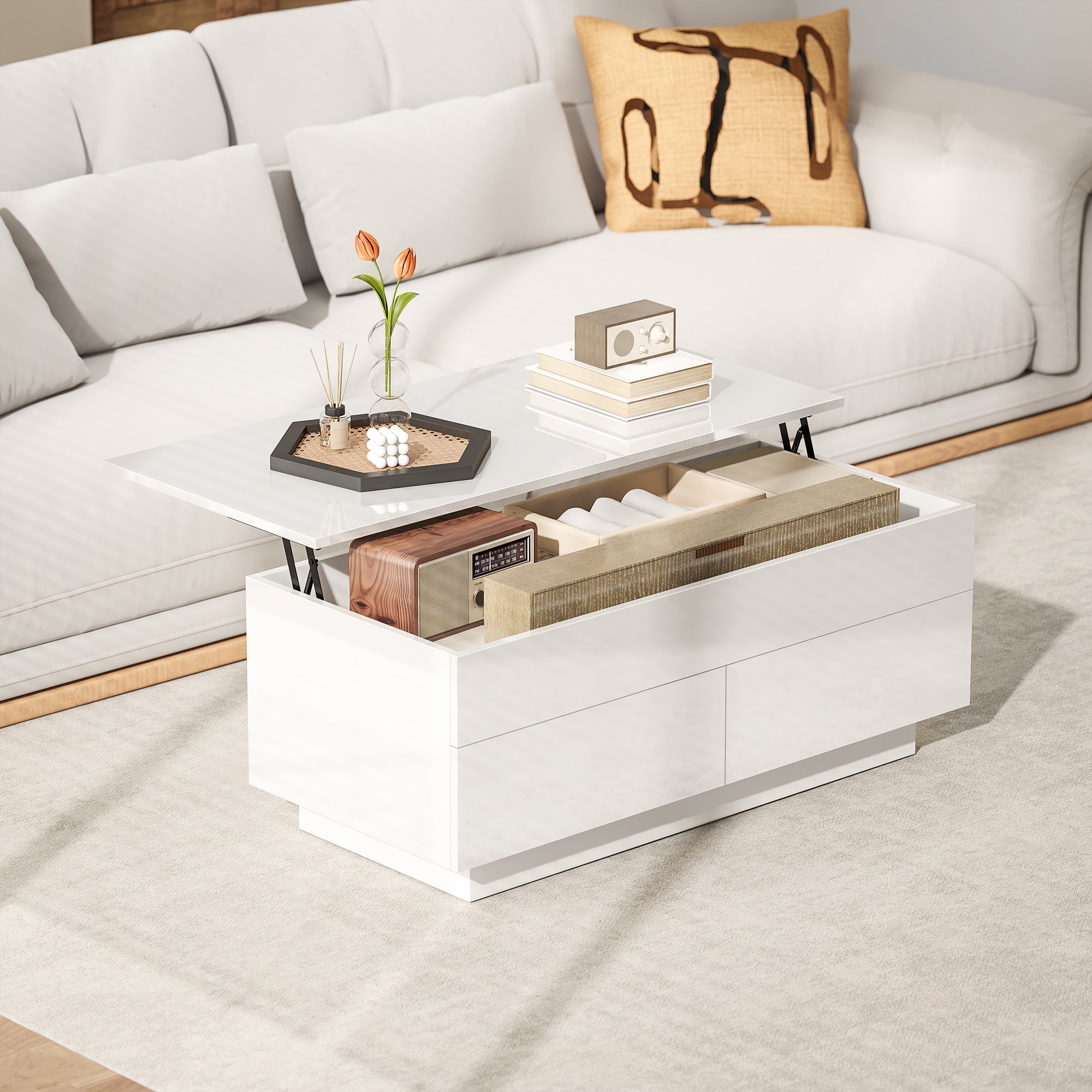 Height-Adjustable Coffee Table with Lift-Top, 2 Drawers & Hidden Compartment — High-Gloss White