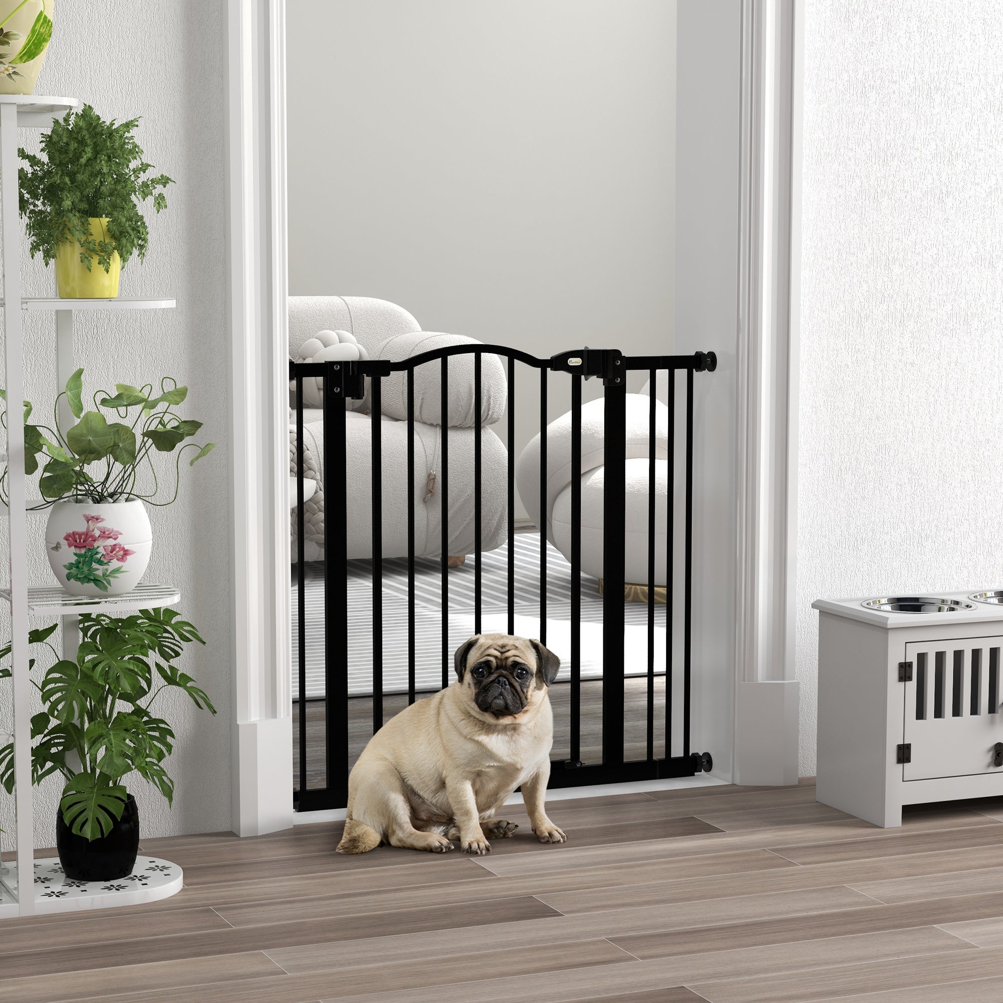 78 cm Indoor Dog Gate, Safety Dog Gate, Extendable Dog Barrier 74-87 cm with Double Lock and Auto Close for Stairs and Door, Black