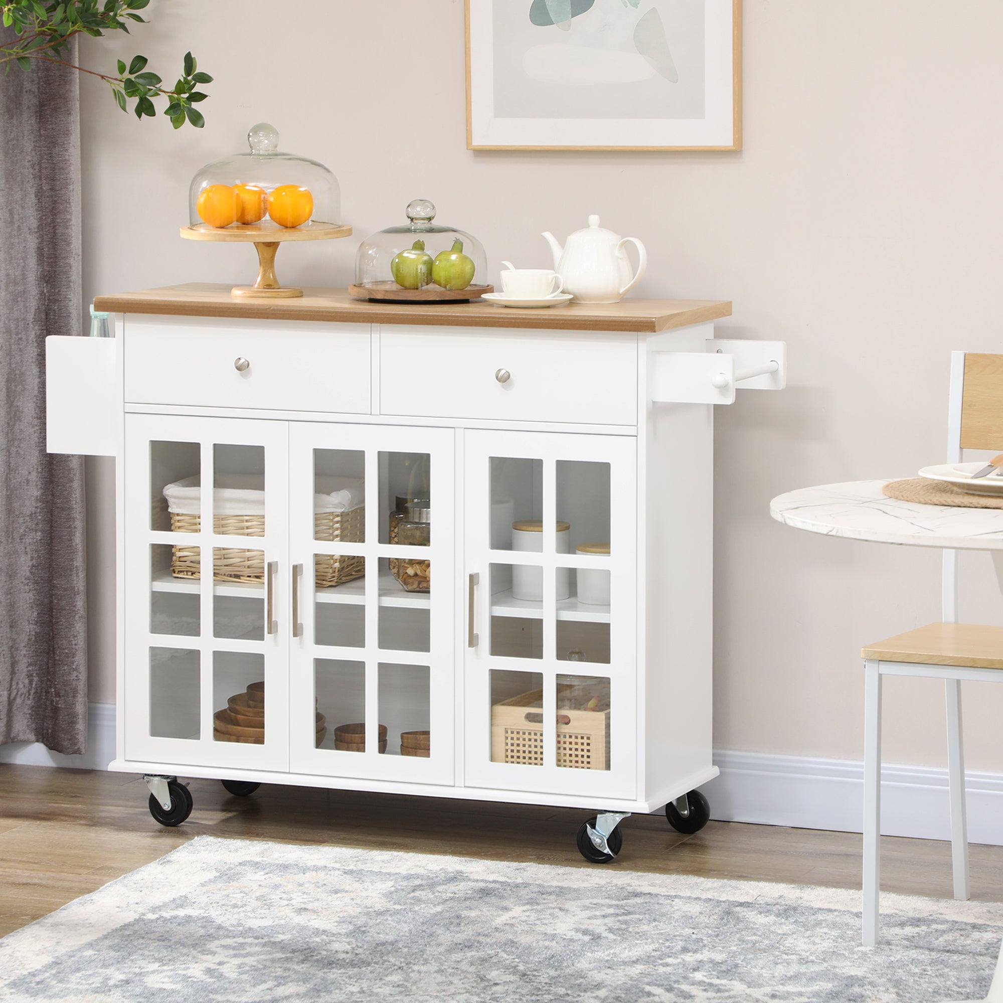 Kitchen Cart Kitchen Island on Wheels Multifunctional with 2 Drawers 3 Glass Doors Towel Rack and Spice Rack 124.5x39.5x90 cm White