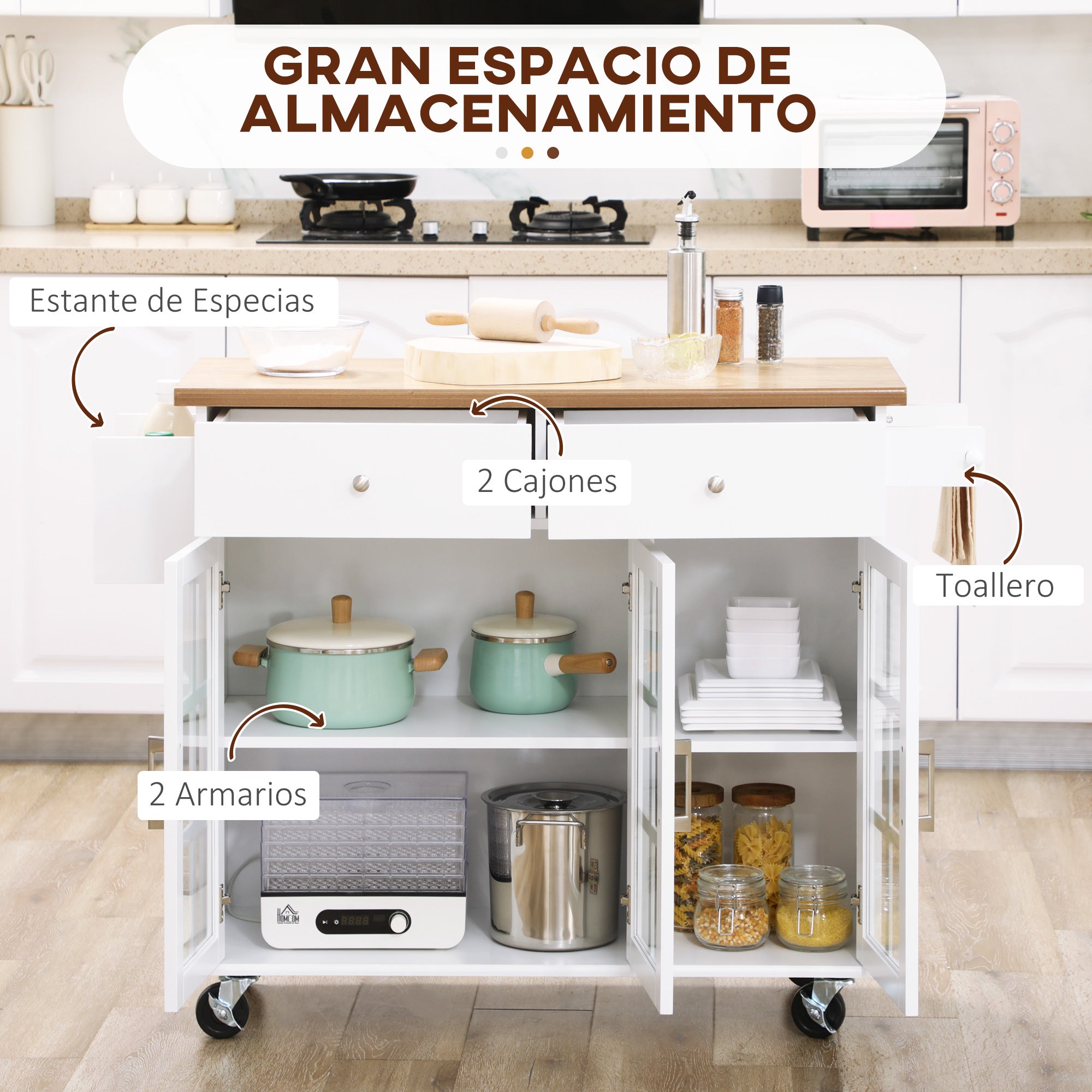 Kitchen Cart Kitchen Island on Wheels Multifunctional with 2 Drawers 3 Glass Doors Towel Rack and Spice Rack 124.5x39.5x90 cm White