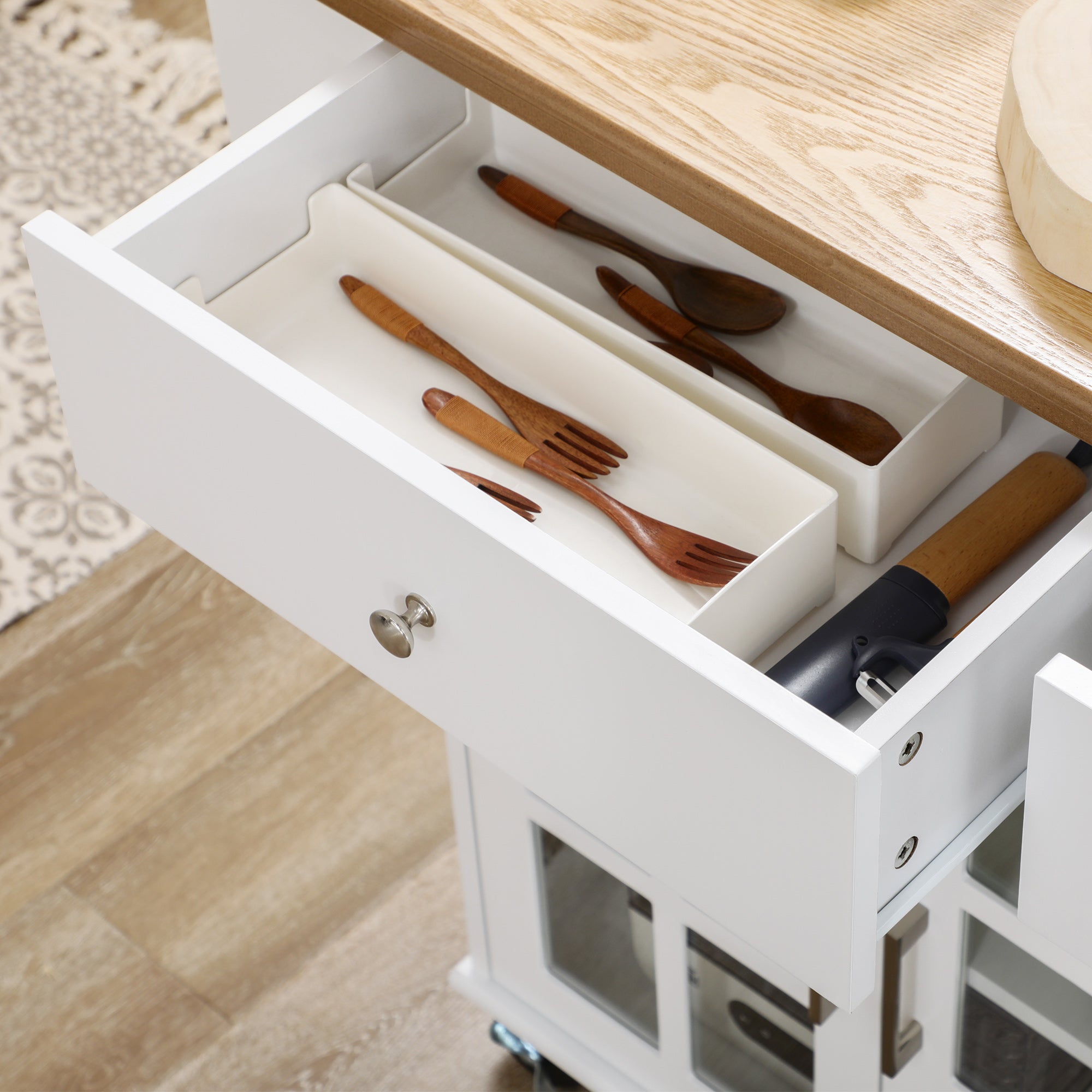 Kitchen Cart Kitchen Island on Wheels Multifunctional with 2 Drawers 3 Glass Doors Towel Rack and Spice Rack 124.5x39.5x90 cm White