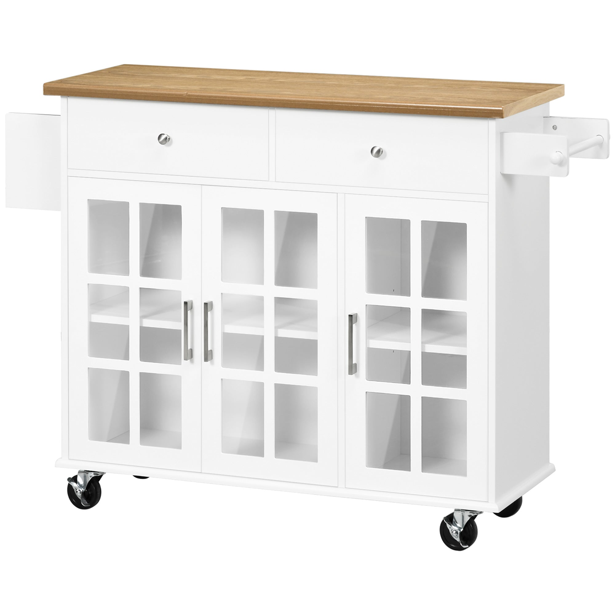 Kitchen Cart Kitchen Island on Wheels Multifunctional with 2 Drawers 3 Glass Doors Towel Rack and Spice Rack 124.5x39.5x90 cm White