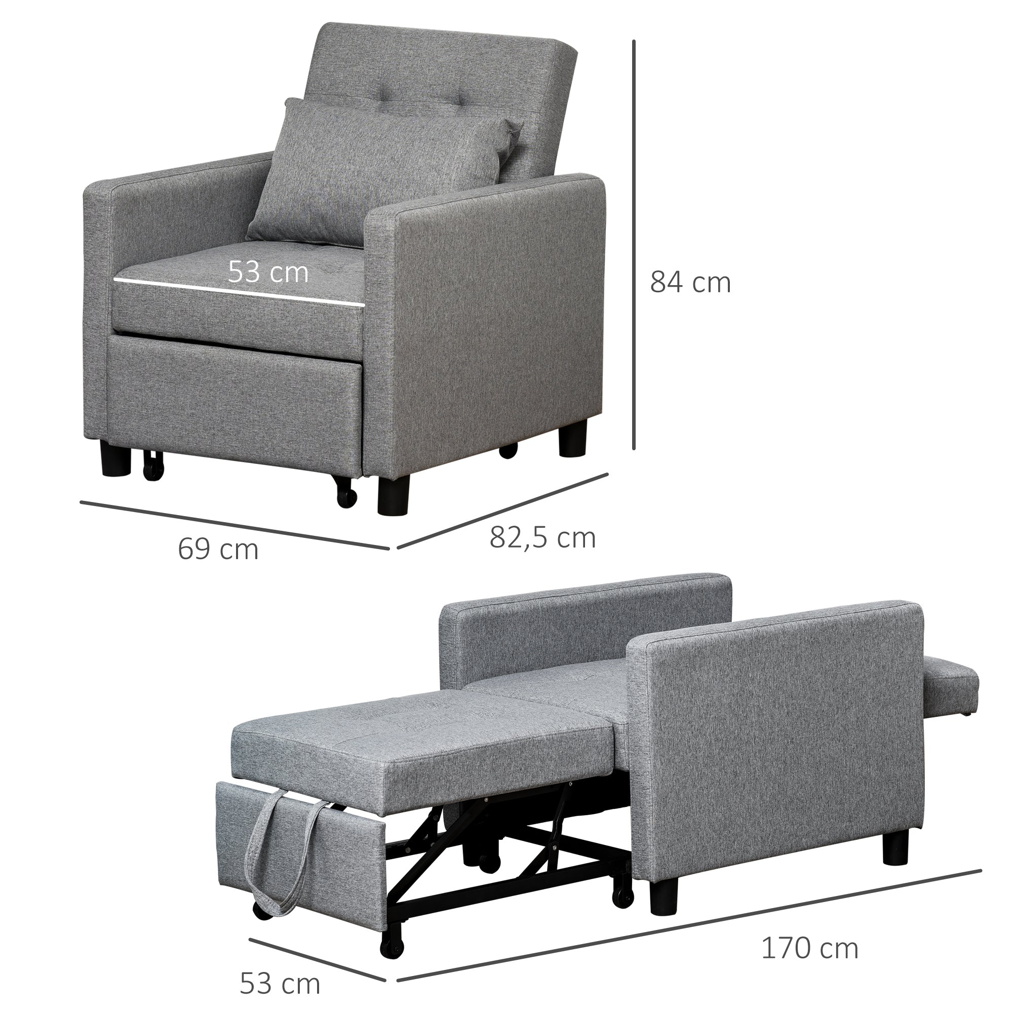 3-in-1 Single Sofa Bed Upholstered in Linen with 3-level Adjustable Backrest and Padded Pillow for Office Bedroom Living Room 69x82.5x84 cm Gray