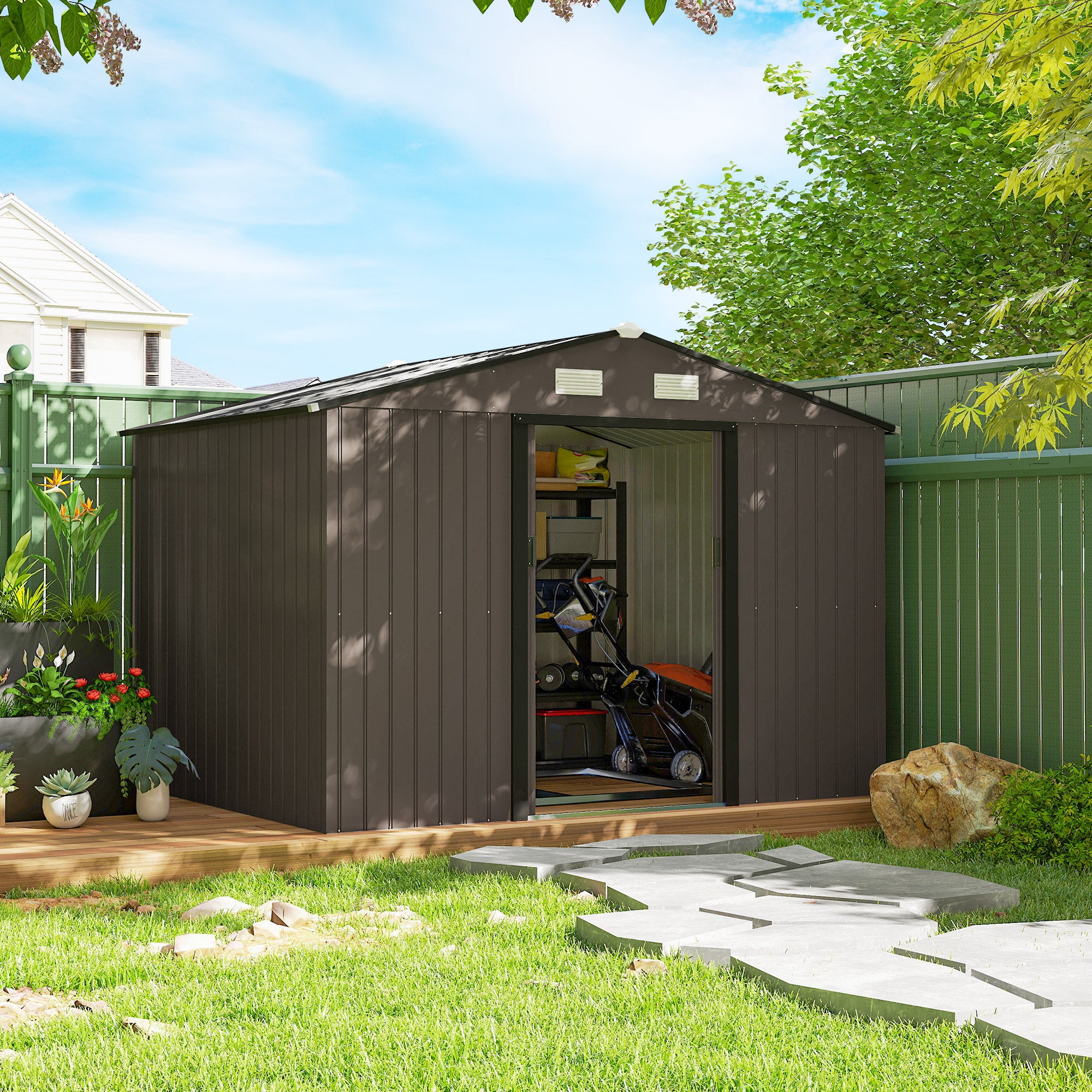 XXL Galvanized Steel Garden Shed 5.4 m² (58 sq ft) with Foundation Kit, 277 x 195 x 192 cm (9 ft 1 in x 6 ft 5 in x 6 ft 4 in), Outdoor Tool Storage Shed with Lockable Sliding Doors & 4 Vents, Brown