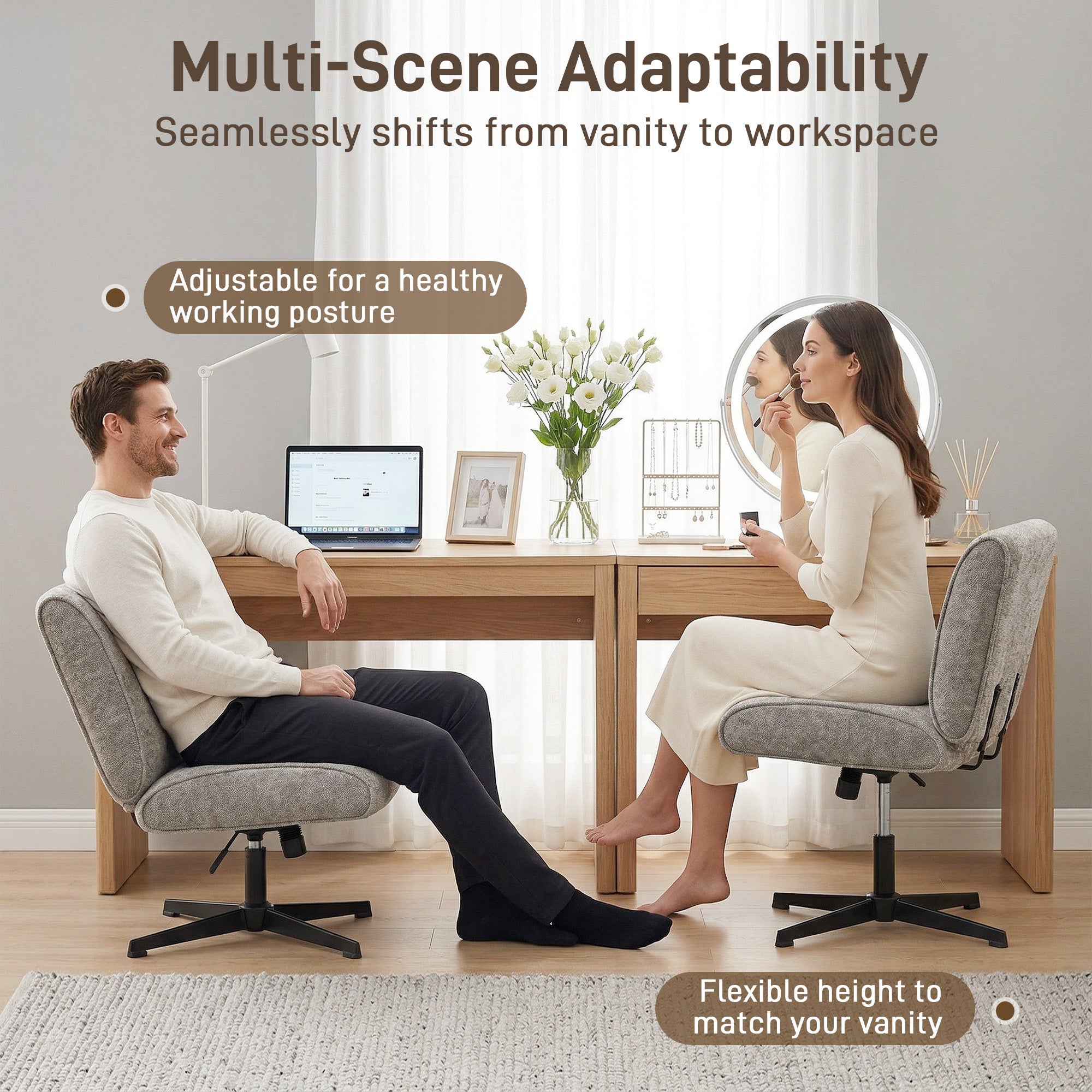 Swivel Lounge Chair, Velvet-Look Height-Adjustable Accent Chair with Steel Cross Base, Padded Reading Chair for Living Room & Bedroom, Gray
