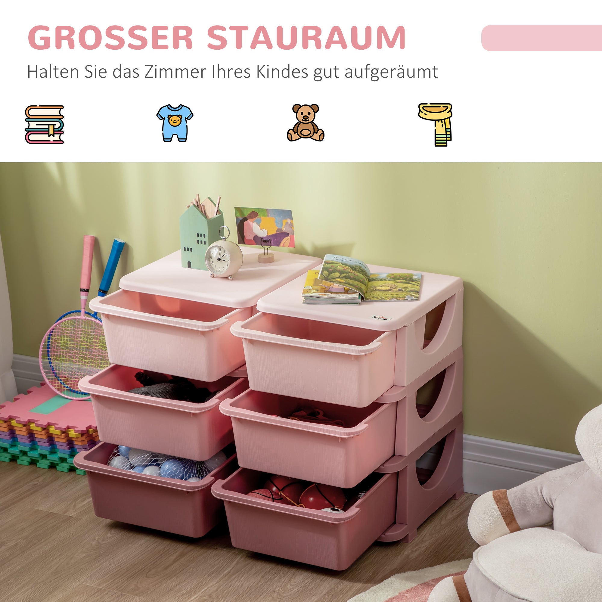 Drawer Cabinet for Kids with Storage Space Storage Boxes Toy Organizer Toy Chest Six Levels for Kids' Room 3-6 Years Children's Furniture Pink 75 x 37 x 56.5 cm
