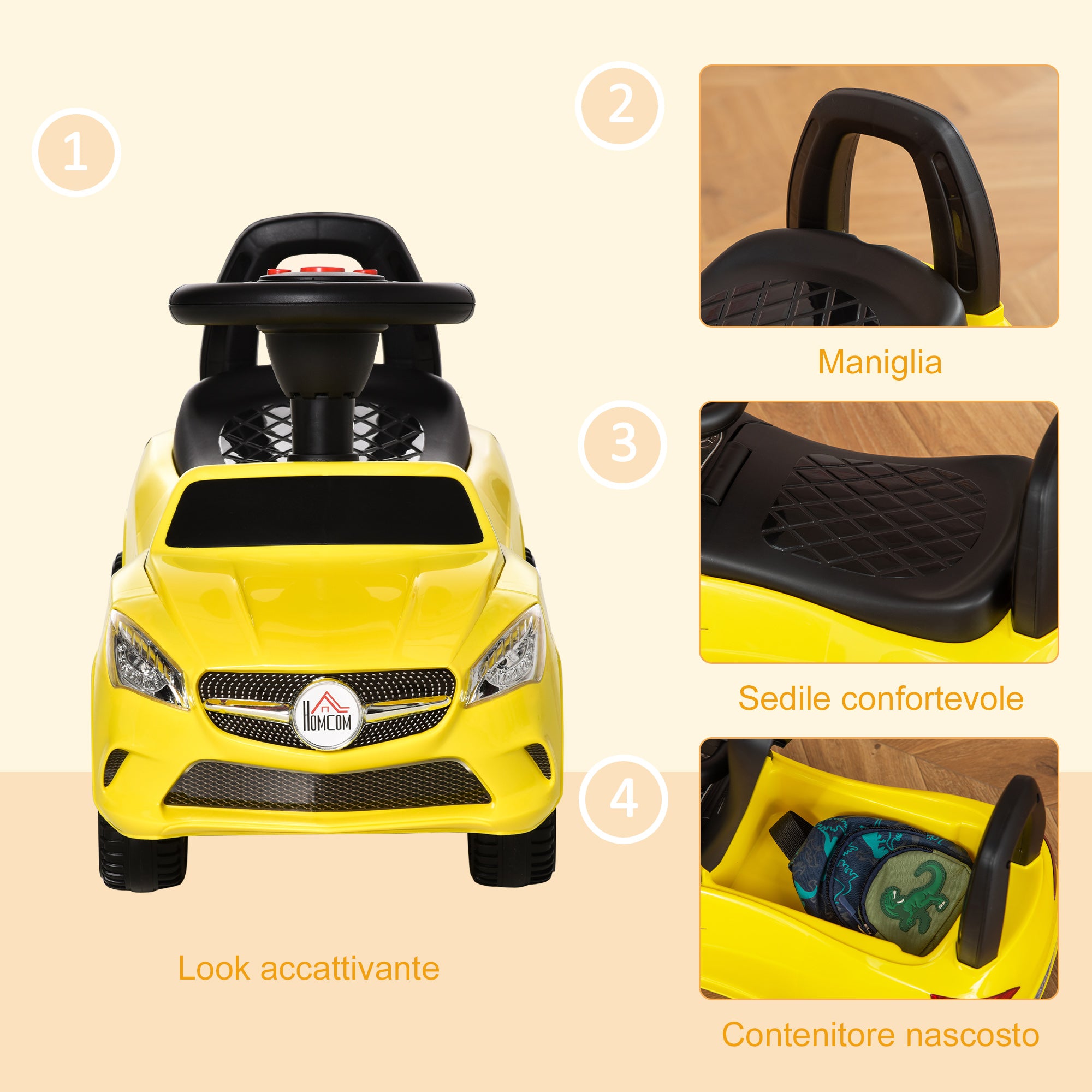 Ride-On Car for Kids with Steering Wheel, Headlights, and Integrated Music, Car for Kids in PP and Metal, 63.5x28x36 cm, Yellow