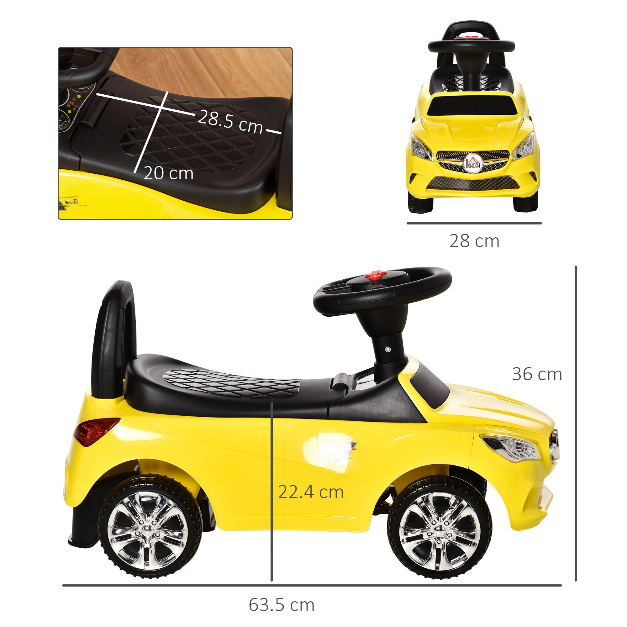 Ride-On Car for Kids with Steering Wheel, Headlights, and Integrated Music, Car for Kids in PP and Metal, 63.5x28x36 cm, Yellow