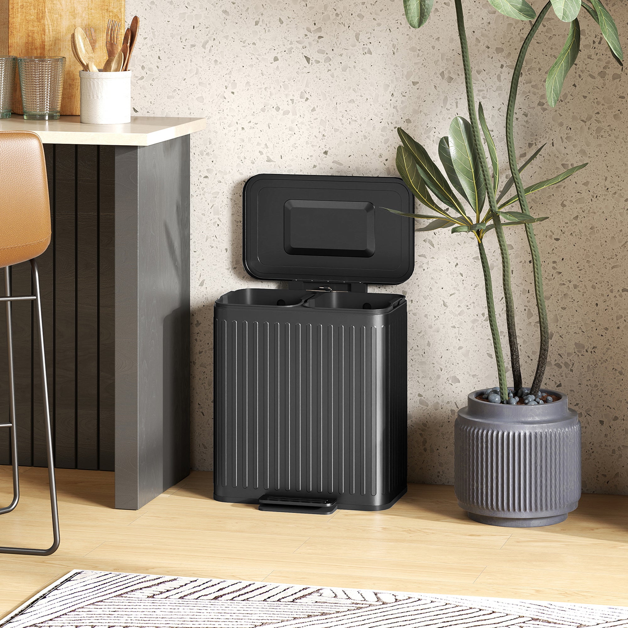 40L Dual-Compartment Step Trash Can — 2 x 20L Removable Inner Buckets, Soft-Close Lid & Hold-Open, Fingerprint-Resistant — Black
