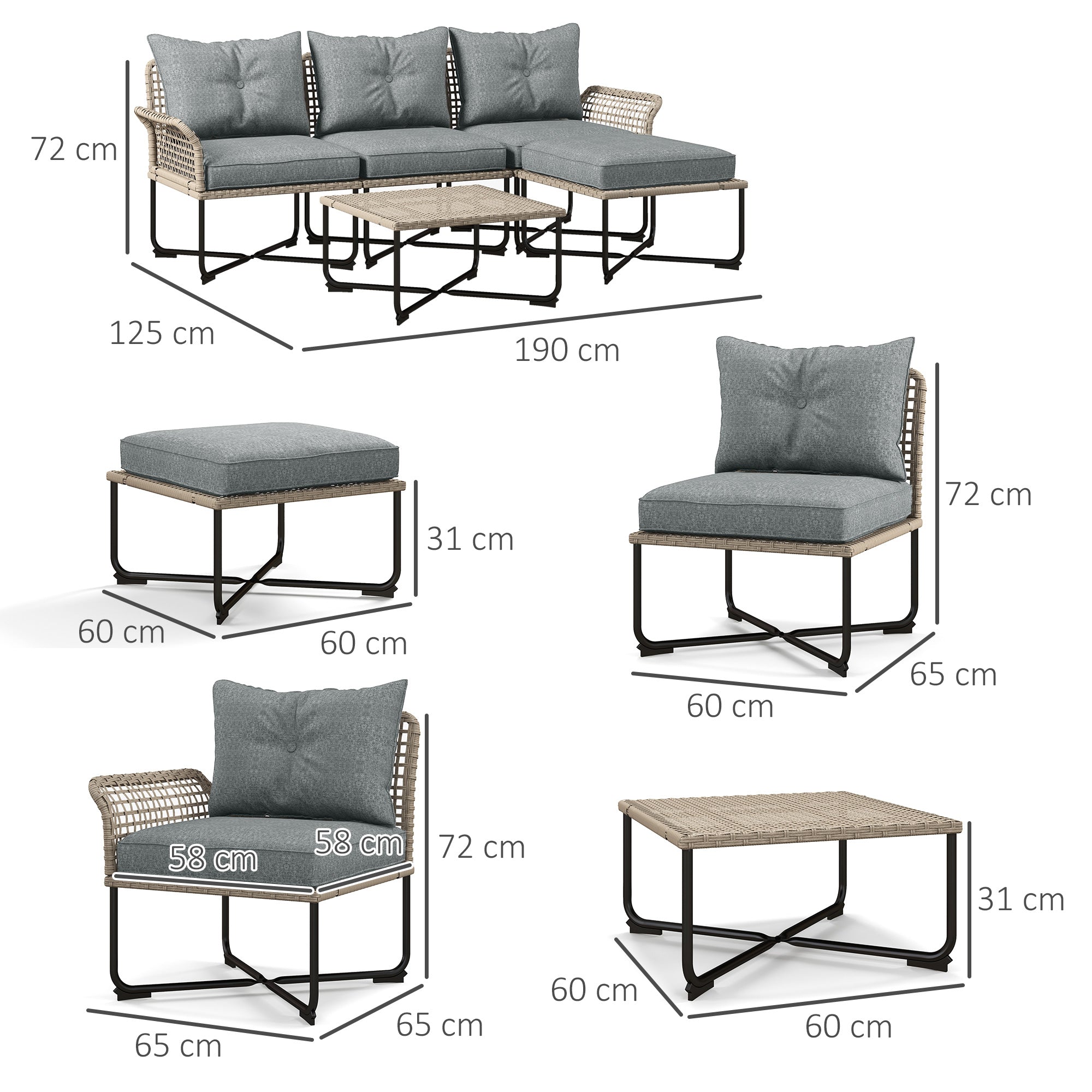 5-Piece Gray Synthetic Rattan Garden Furniture Set Outdoor Garden Includes 2 Corner Sofas, 1 Outdoor Sofa, 1 Footstool, 1 Coffee Table with Cushions