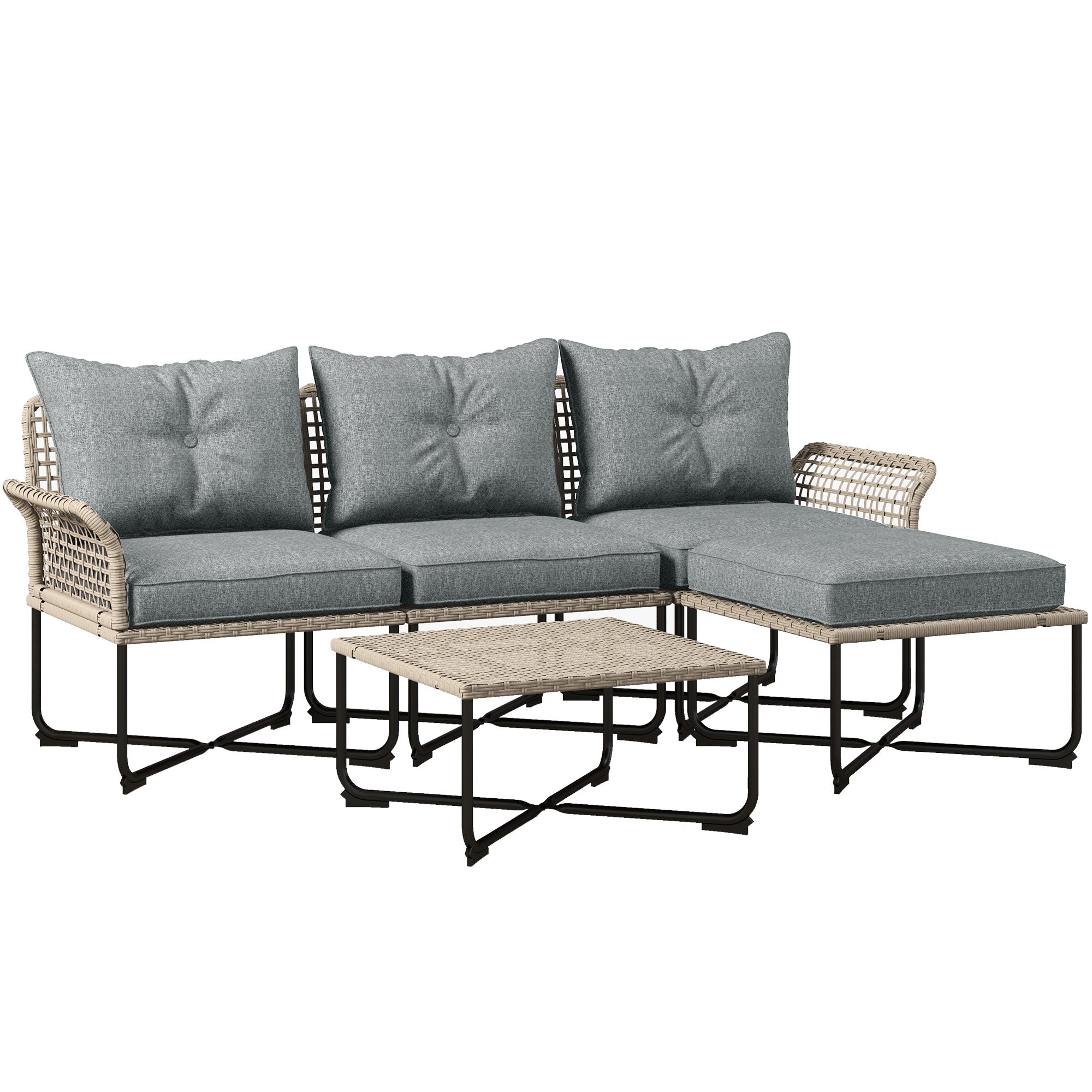 5-Piece Gray Synthetic Rattan Garden Furniture Set Outdoor Garden Includes 2 Corner Sofas, 1 Outdoor Sofa, 1 Footstool, 1 Coffee Table with Cushions