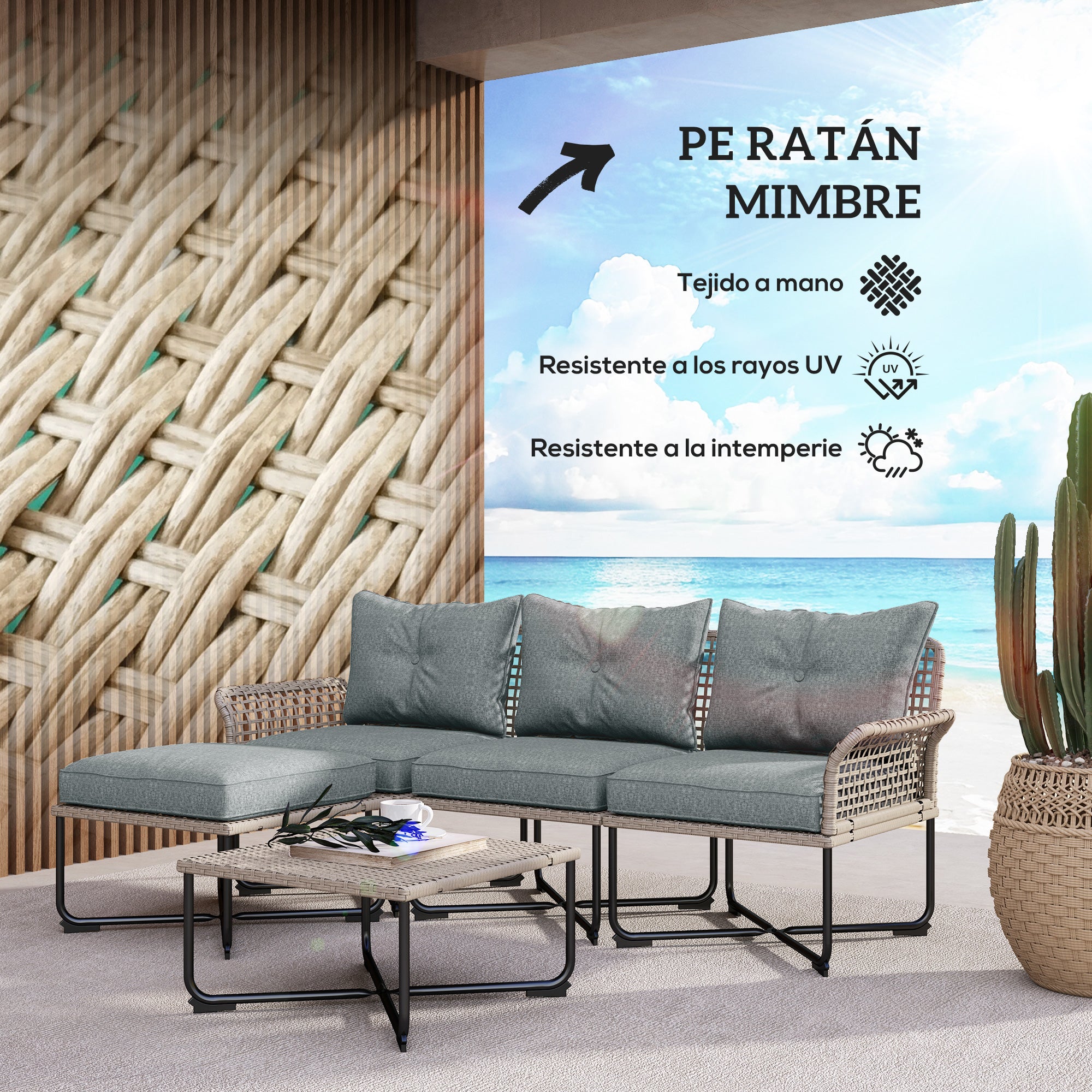 5-Piece Gray Synthetic Rattan Garden Furniture Set Outdoor Garden Includes 2 Corner Sofas, 1 Outdoor Sofa, 1 Footstool, 1 Coffee Table with Cushions