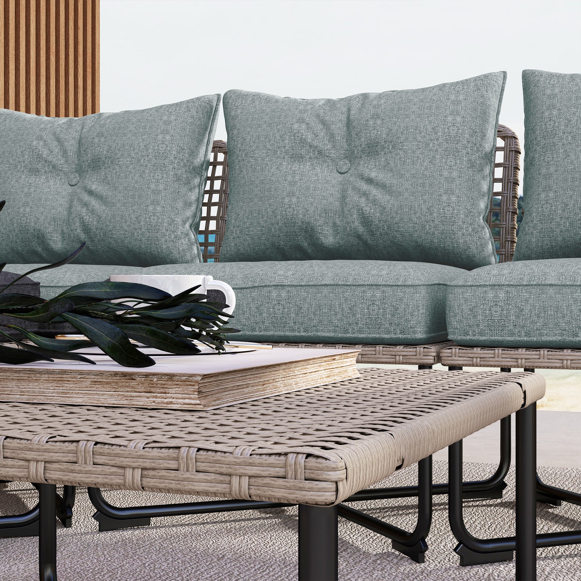 5-Piece Gray Synthetic Rattan Garden Furniture Set Outdoor Garden Includes 2 Corner Sofas, 1 Outdoor Sofa, 1 Footstool, 1 Coffee Table with Cushions