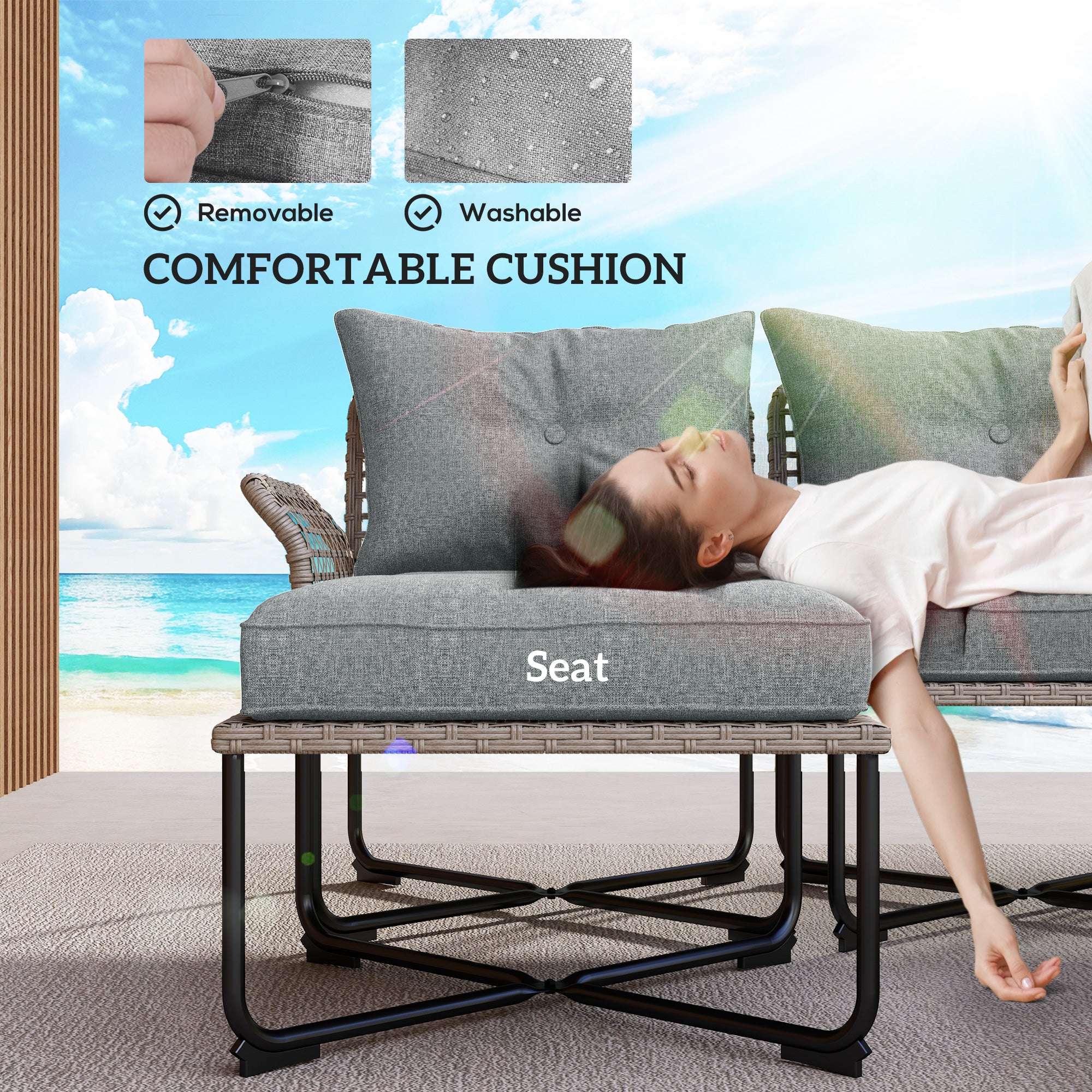 5-Piece Gray Synthetic Rattan Garden Furniture Set Outdoor Garden Includes 2 Corner Sofas, 1 Outdoor Sofa, 1 Footstool, 1 Coffee Table with Cushions