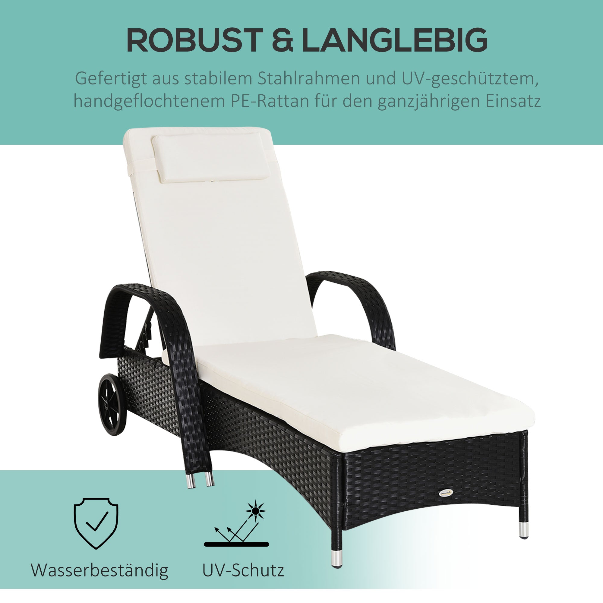 Poly Rattan Sun Lounger with 5-Position Adjustable Backrest, Cushion Pad, Wheels, Pillow, 160 kg Load Capacity Reclining Chair for Garden, 200x73x30-103cm, Black